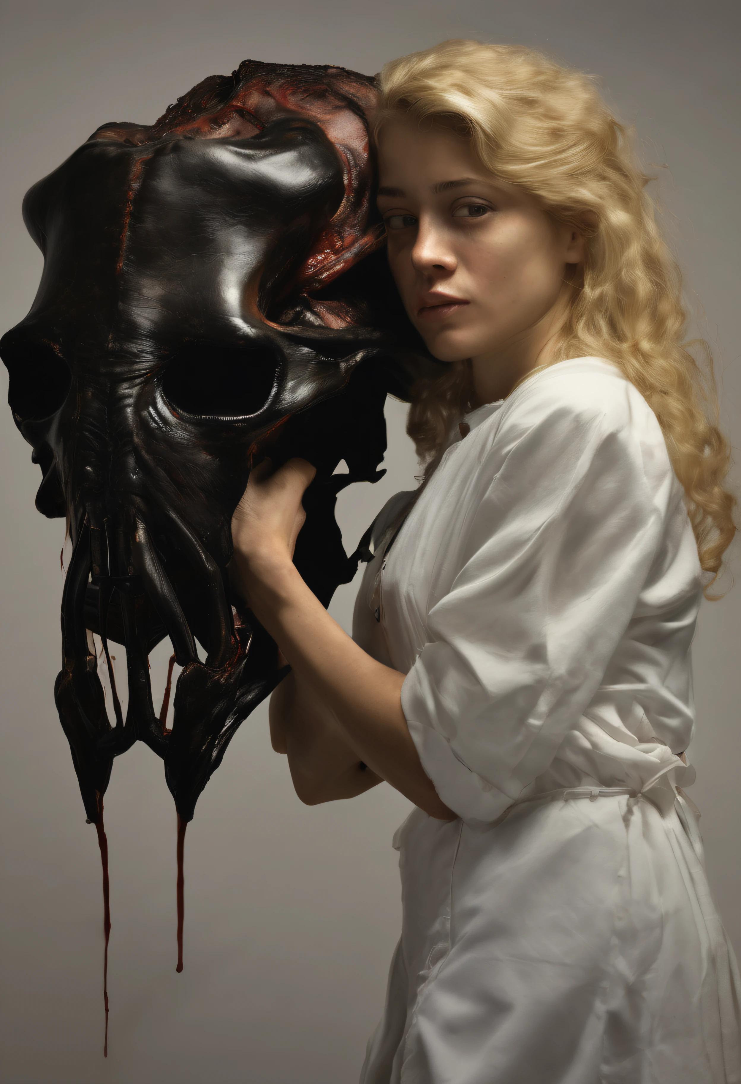 "(The best lighting, alto contraste, oscuro, dramatic),(Chica rubia junto a una cabra negra gigante, Open the rib cage, feto, autopsia, huesos humanos, sangre por las paredes). Luz Caravaggio"