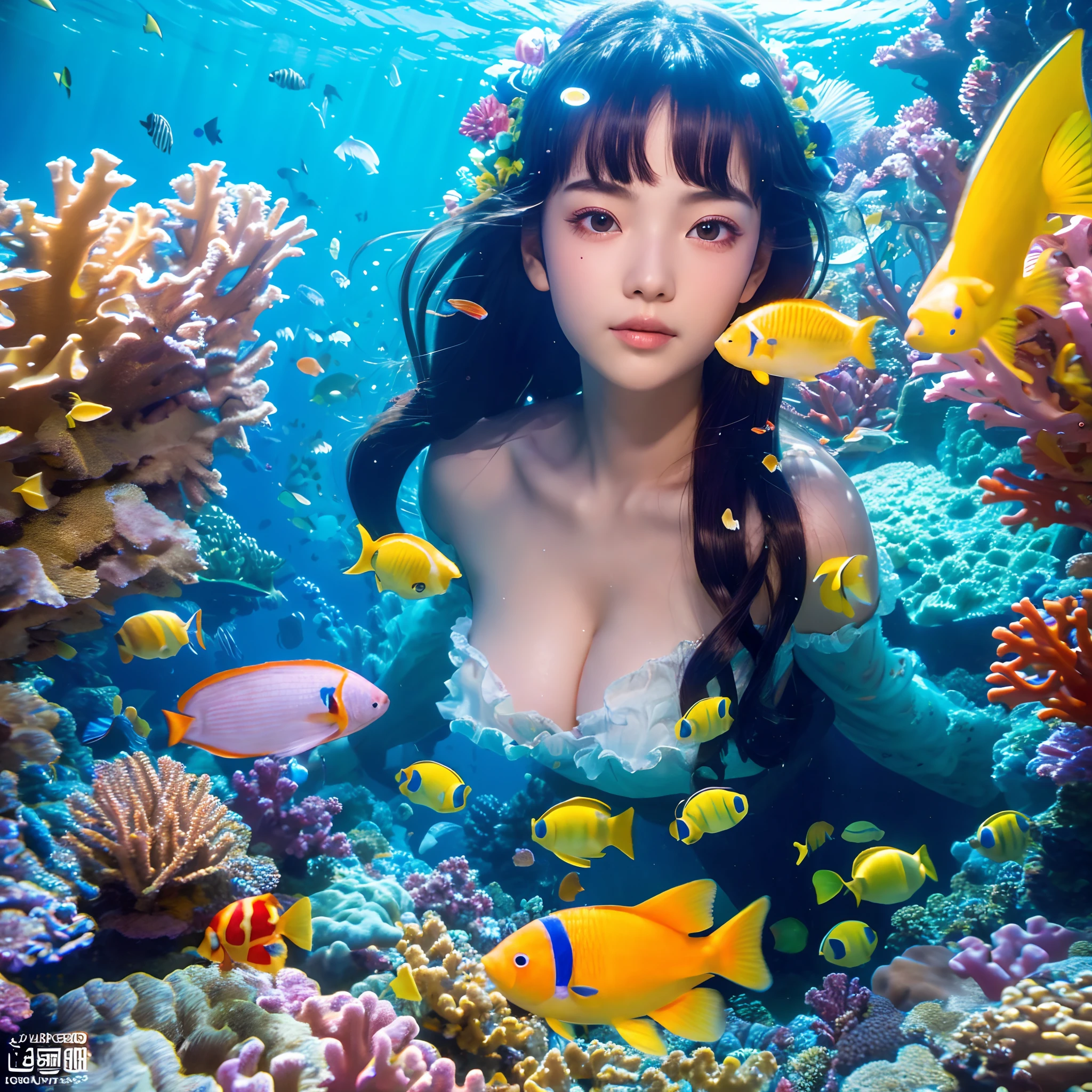 "(Best Quality,8K,hight resolution,masutepiece:1.2),Ultra-detailed,Beautiful girl in the water surrounded by colorful fish,reefs,The abyss of the soft and ethereal sea,Gentle sunlight illuminating the scene"