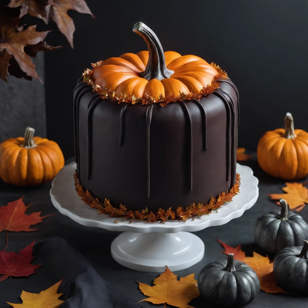 A Halloween-themed pumpkin-shaped cake.Beautifully decorated,Looks delicious,(Detailed icing), a lit candle, Spooky and seductive, (Autumn leaves), Warm and comfortable atmosphere, Haunted house decoration, Chocolate ganache, Spooky fudge accessories, (Creative toppings), intricatedesign, (Traditional Halloween elements), Terrible and delicious, Spooky atmosphere, Delicious layer, (The atmosphere of celebration), The subtleties of sin, (Autumn delicacies)。(Best quality,4K,8K,A high resolution,Masterpiece:1.2),Ultra-detailed,(Realistic,Photorealistic,photo-realistic:1.37),