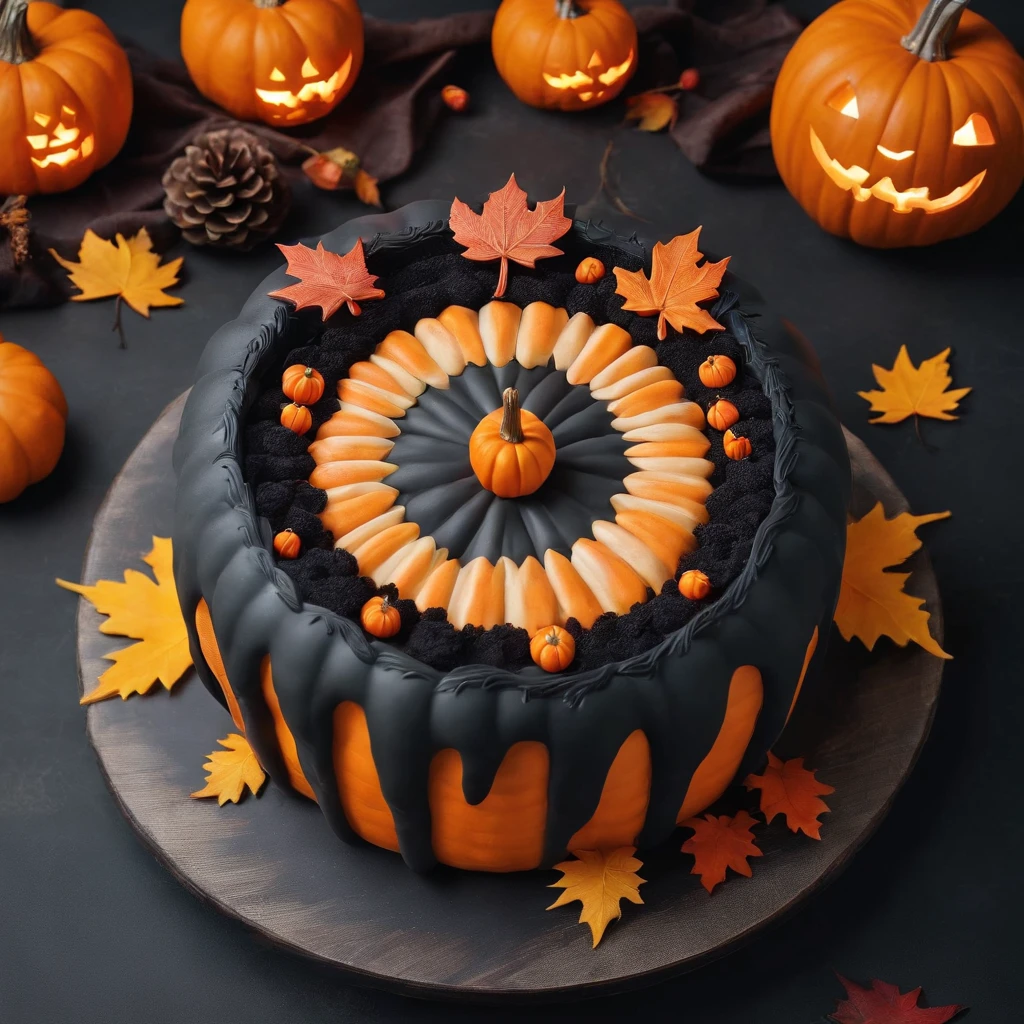 A Halloween-themed pumpkin-shaped cake.Beautifully decorated,Looks delicious,(Detailed icing), a lit candle, Spooky and seductive, (Autumn leaves), Warm and comfortable atmosphere, Haunted house decoration, Chocolate ganache, Spooky fudge accessories, (Creative toppings), intricatedesign, (Traditional Halloween elements), Terrible and delicious, Spooky atmosphere, Delicious layer, (The atmosphere of celebration), The subtleties of sin, (Autumn delicacies)。(Best quality,4K,8K,A high resolution,Masterpiece:1.2),Ultra-detailed,(Realistic,Photorealistic,photo-realistic:1.37),