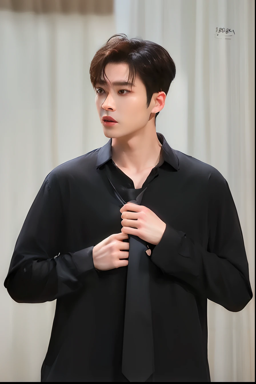 arafed man in black shirt and tie standing in front of a curtain, jung jaehyun, jinyoung shin, kim doyoung, wearing a black shirt, inspired by Zhang Han, he is wearing a black t-shirt, he is wearing a black, jia, taejune kim, hyung tae, very handsome, cai xukun, wearing in black clothes