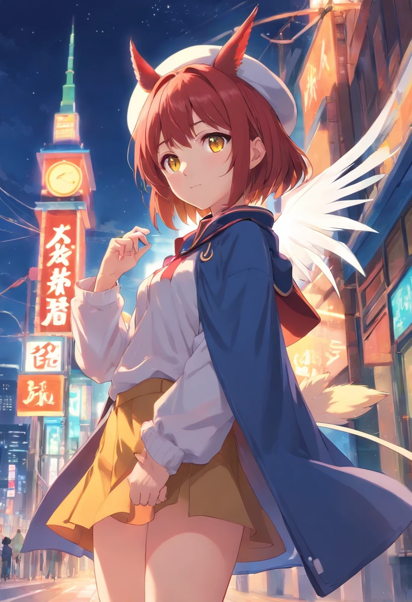 Masterpiece, Best quality, 1girll, Solo, Yellow eyes, Red hair, Small breast, Demon Girl, Demon tail, Demon wings, Small demon horns, Pointy ears, (Small breast), (Flat chest), double tails, bat hair ornament, Cape, White shirt, white legwear, plushies, Stuffed animal toys, beret, mitts, bangs, Hat