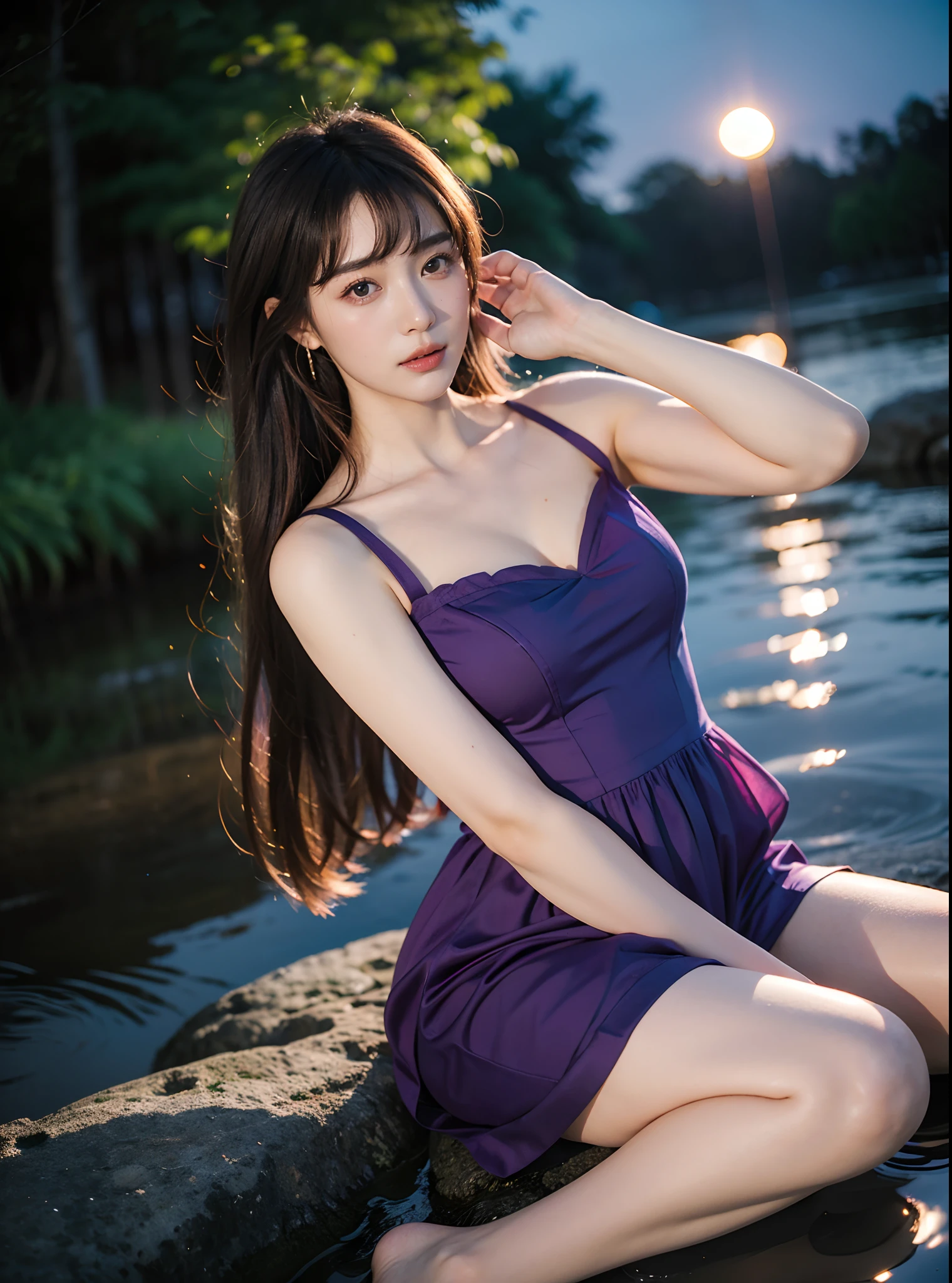 1 Girl, Very bright backlight, Solo, {beautiful-detailed eyes}, summer night, large full breasts, Brilliant moonlight, calm expression, Natural light and soft light, Hair fluttering in the breeze, delicate facial features, Blunt bangs, beautiful Korean girl, Eye Smile, Very small earrings, Sexy tight dresses, 20 yo, ((model poses)), Glamour body type, Fantastic night forest, (colorful hair, Half blue and half brunette:1.2), Water, liquid, natta, colourfull, watercolor, It blooms with blue and yellow flowers, (Red and purple theme), film grain,