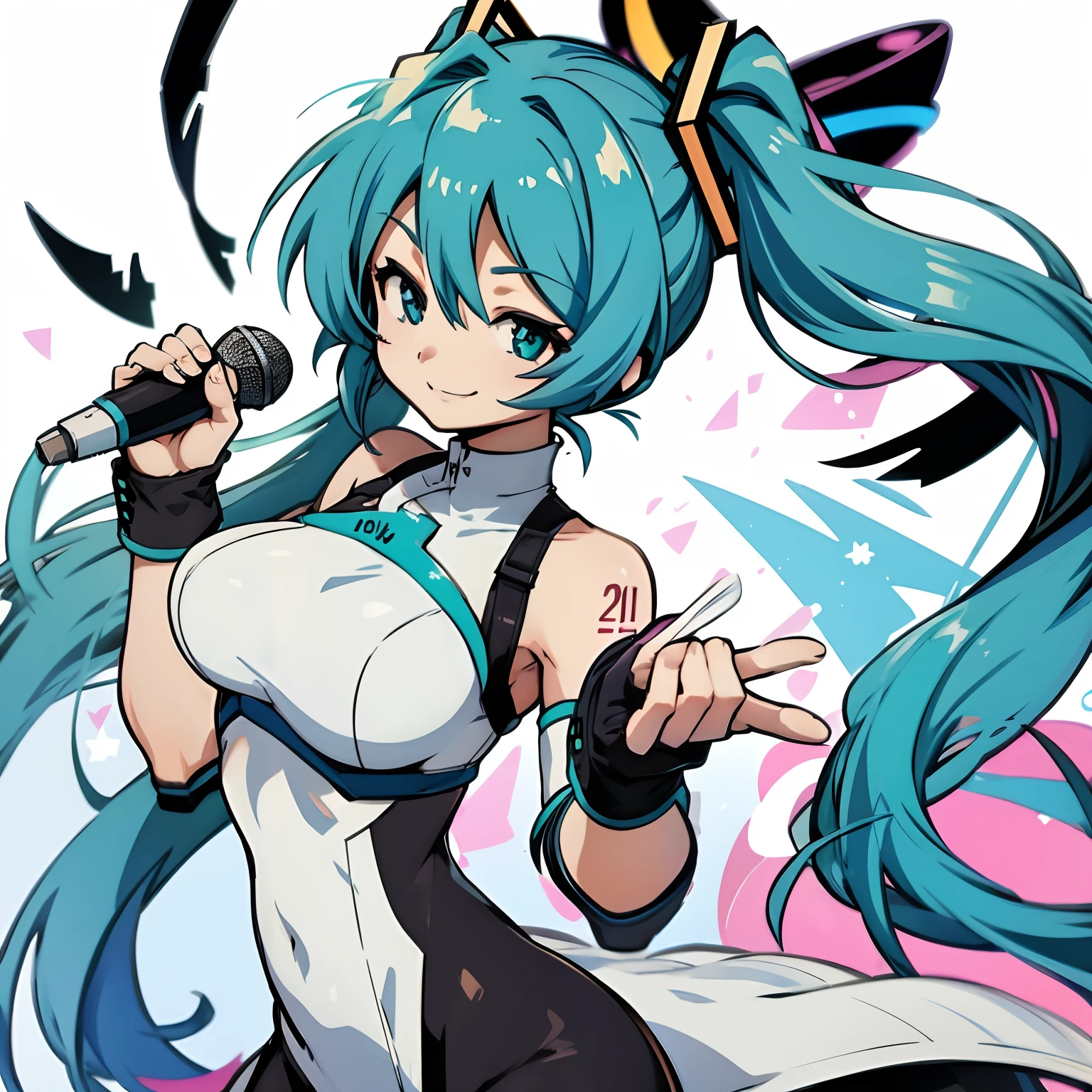 1人、Miku、miku hatsune、big breasts、Big eyes、Blue-haired、Twin-tailed、microphone、White background、Chest illustration、cute little、Shoujo manga style、without background、eyes large、Cute、a smile、piece、straight haired、light skinned、A slight smil、Anime Pictures、locks、Pedras preciosas、