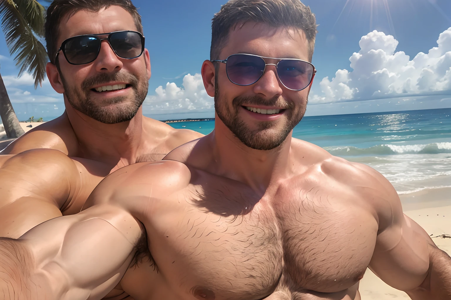 Award-winning original photos，2men, wild muscular men, (40 years old daddy:1.1), short beards, burly, hunk, (shirtless), smilling happily, one of the man wearing sunglasses, standing on a sunny beach, sun, hugging, detailed, lovely, faces closeup