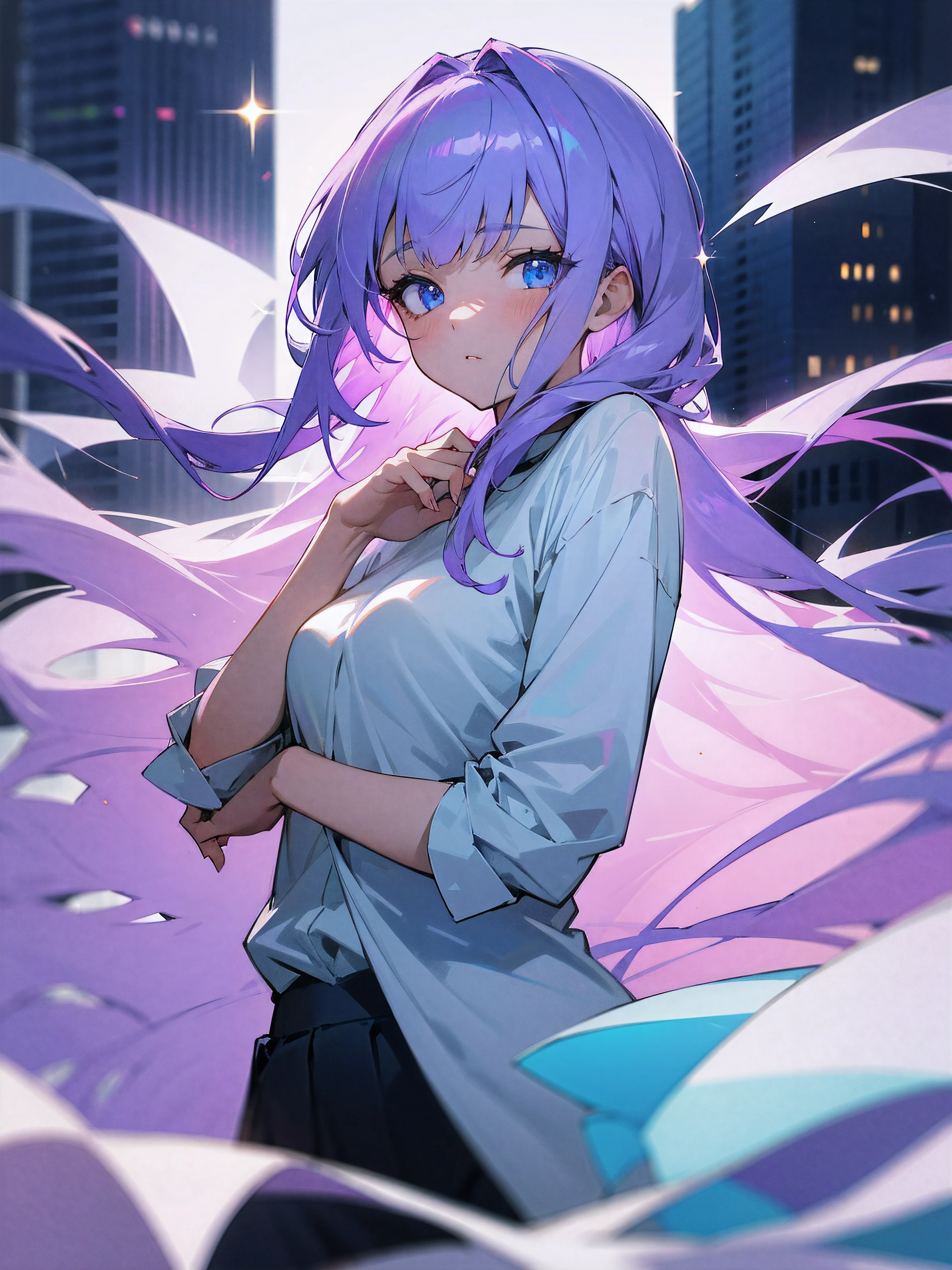 1girl, long light purple sparkling hair, blue eyes, wearing plain white shirt, fluffy short, city, absurdres, high res, ultra sharp, 8K , masterpiece, not looking at viewer