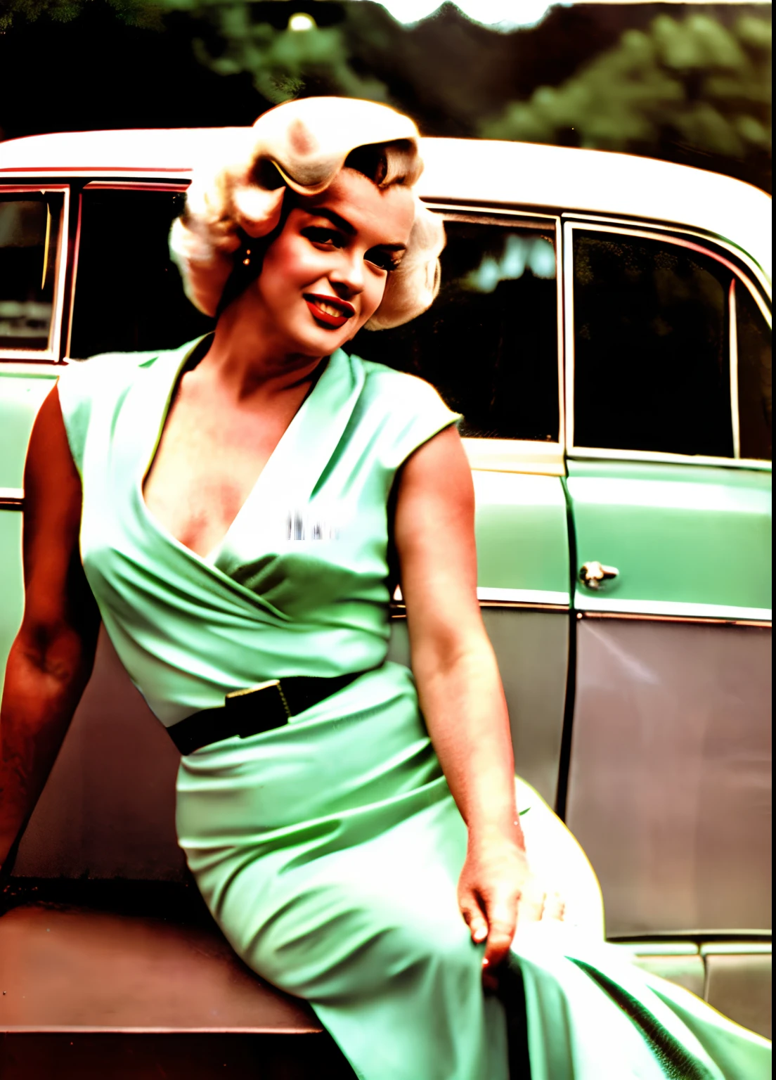 POV, vintage photo of Marilyn Monroe posing for a photo shoot on a New York street, very diffuse light, skin moles, sensual, appearing part of breasts, wearing a sensual satin lime color dress from 1950, breasts shows, retro scenery in the background, 1950s cars, SEPIA, 1950s (highly detailed skin: 1.2), 16k, uhd, dslr, soft lighting, high quality, grain film, FujifilmXT3