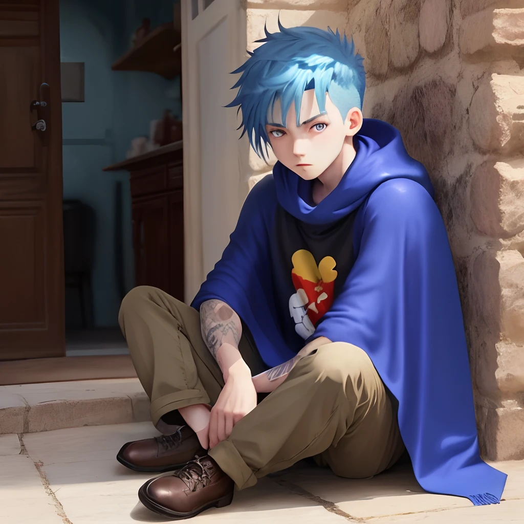 blue hair, boy, poncho, Spain, permanent, sitting, cool, scary, strong, thin, anime, manga, protagonist