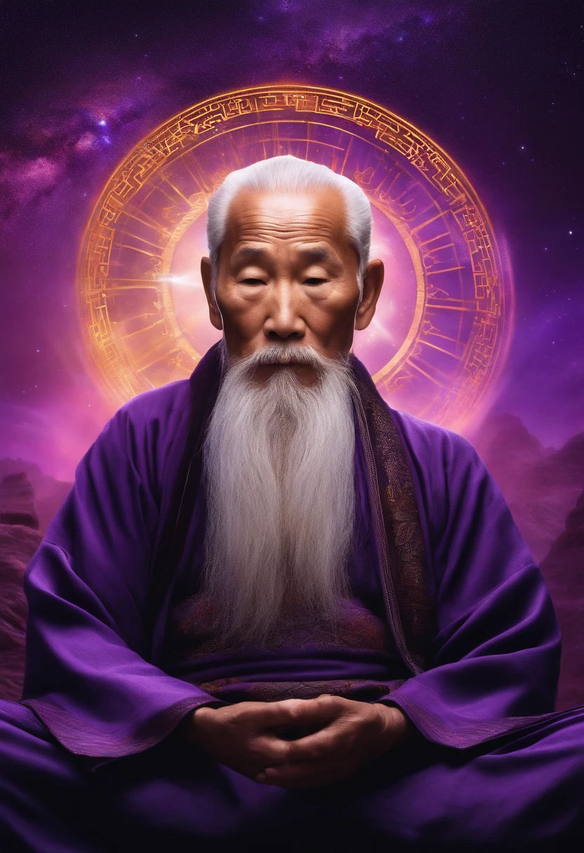 An elderly Chinese man with wisdom to meditate, Crane hair childlike appearance，His hands were folded together，Purple energy rays shone from the universe above his head
