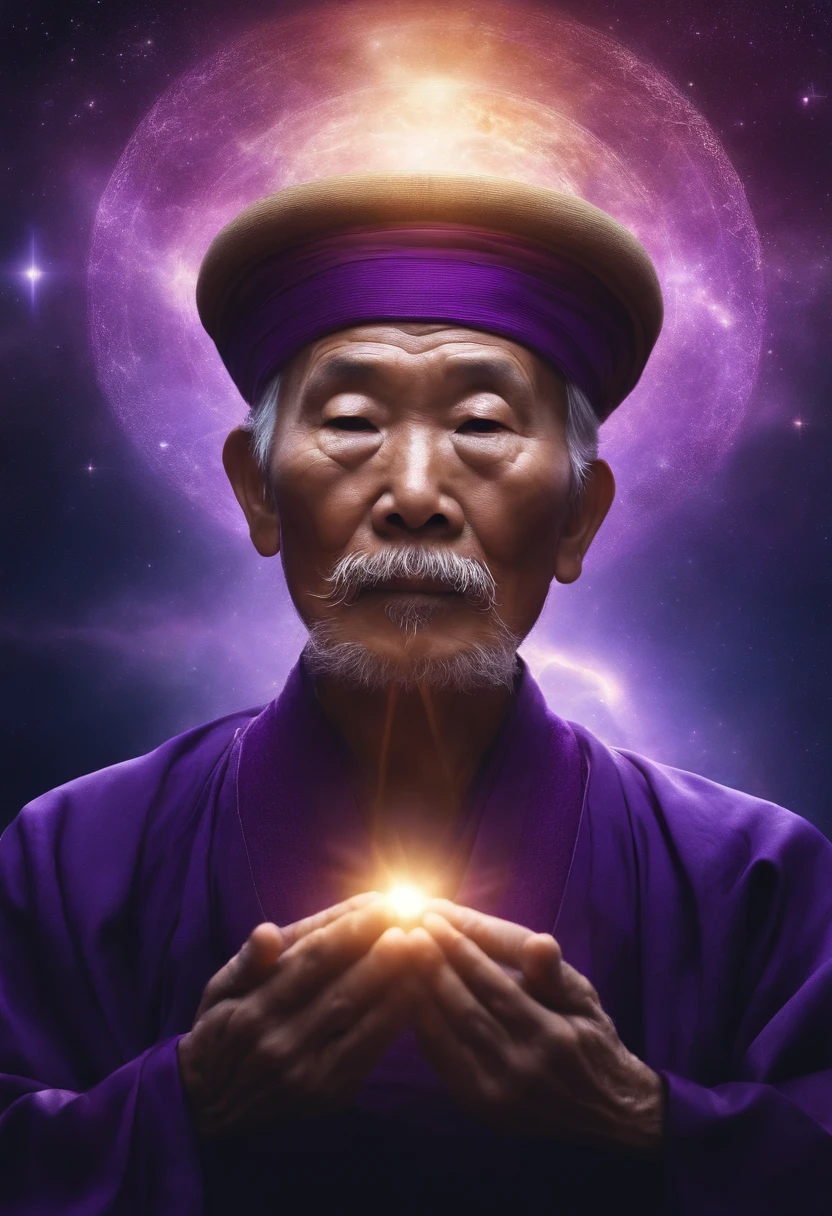 An elderly Chinese man with wisdom to meditate, Crane hair childlike appearance，His hands were folded together，Purple energy rays shone from the universe above his head