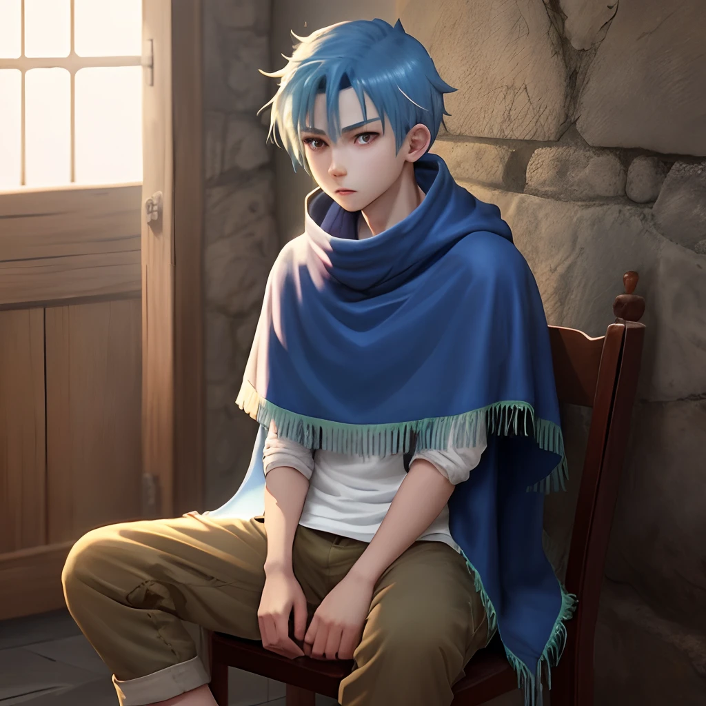 blue hair, boy, poncho, Spain, permanent, sitting, cool, scary, strong, thin, anime, manga, protagonist