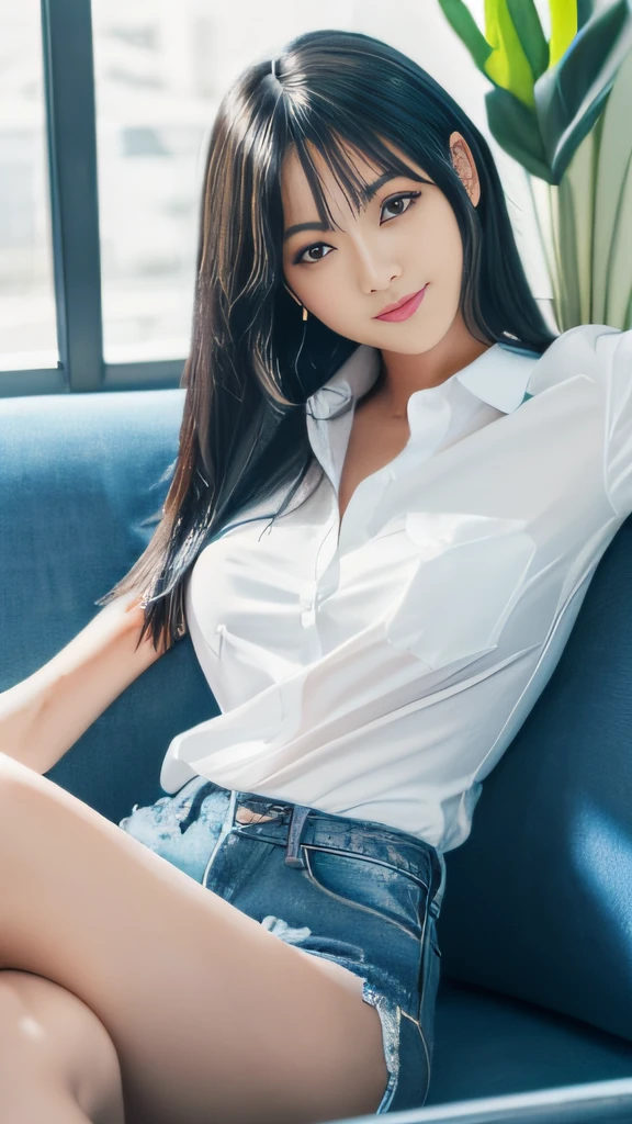 (best qualtiy,8K,tmasterpiece:1.harp fokus:1.2),Jet-black hair,ssmile,(A girl sits on a sofa:1.2),(denim short:1.2),(perfect body figure:1.4),(white shirt:1.2),office room,rays of sunshine,Fine face,beautidful eyes,Straight legs
