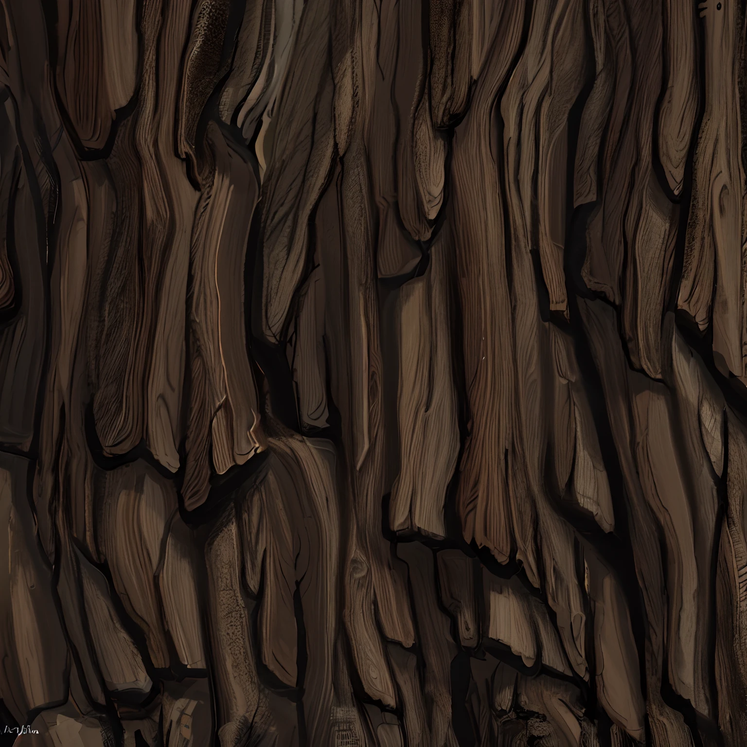 Create a image texture of stylized dark brown bark of a tree trunk , a stylized texture of the bark bark, the bark has deep grooves and lines that create a contrast. very detailed digital painting, uniform soft lighting, natural soft lighting. game texture, 2 d texture, 2d texture, rough texture, the bark texture, hand painted textures . Seamless, tillable,
