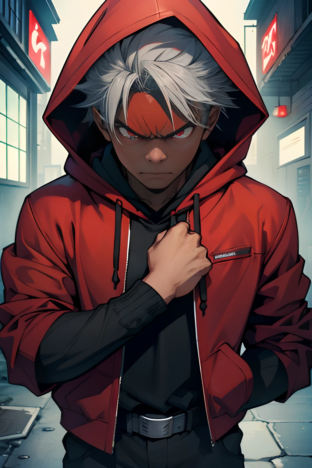 gnome boy, evil eyes, red eyes, slim and muscled, red cloak, red hood, wearing a red hoodie, scowl, brown skin, dark skin, angry but cute, adorable face, face hidden by hood, male, boy, solo male (1), gnome male, masterpiece, high definition, angry face, aggression, attacking, silver hair, ultra high-definition, anime style, solo male (1).