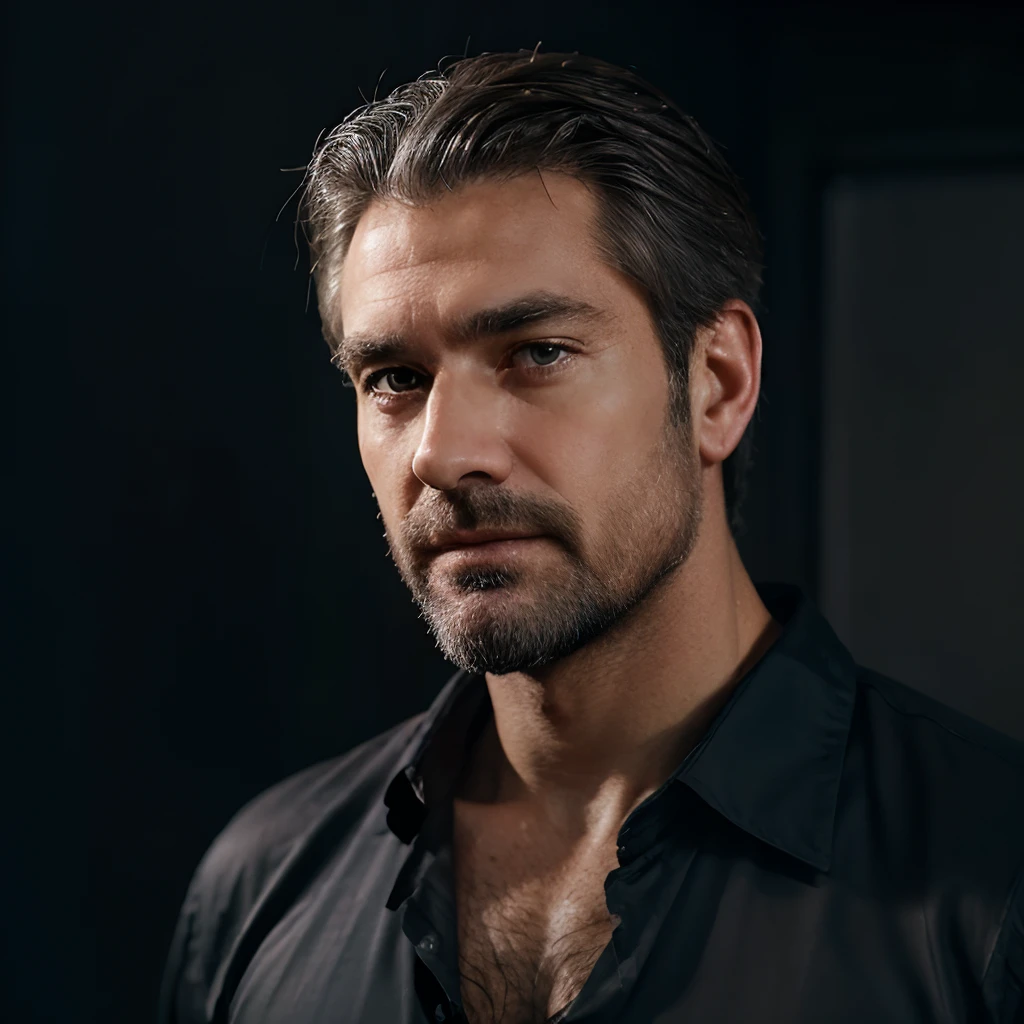 Close-up portrait of a mature man with graying hair and beard, wearing a black silk dress shirt. His chest is quite hairy, with some of the chest hair visible through the open shirt. Realistic skin. He is looking directly at the camera. Studio chiaroscuro lighting and a black background speckled with white and gray. Background with depth of field. 8k resolution.