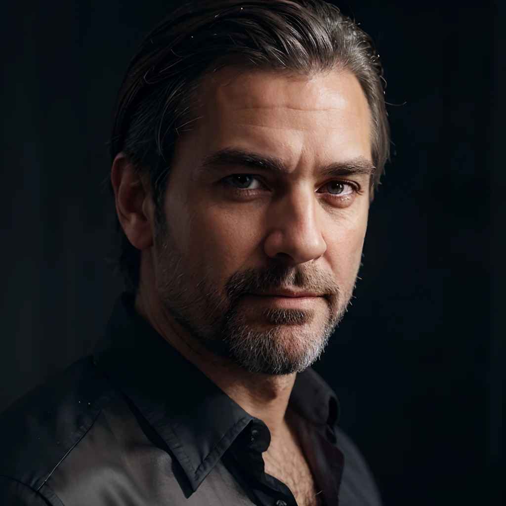 Close-up portrait of a mature man with graying hair and beard, wearing a black silk dress shirt. His chest is quite hairy, with some of the chest hair visible through the open shirt. Realistic skin. He is looking directly at the camera. Studio chiaroscuro lighting and a black background speckled with white and gray. Background with depth of field. 8k resolution.