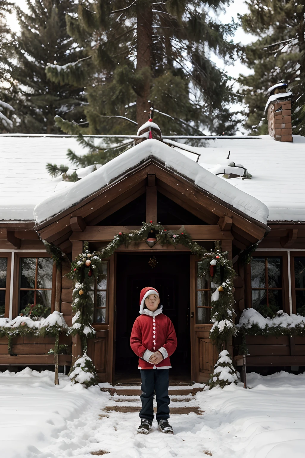 A 9-year-old boy stands next to a santa clus against the background of a fairytale house and a magic sleigh in a snowy forest