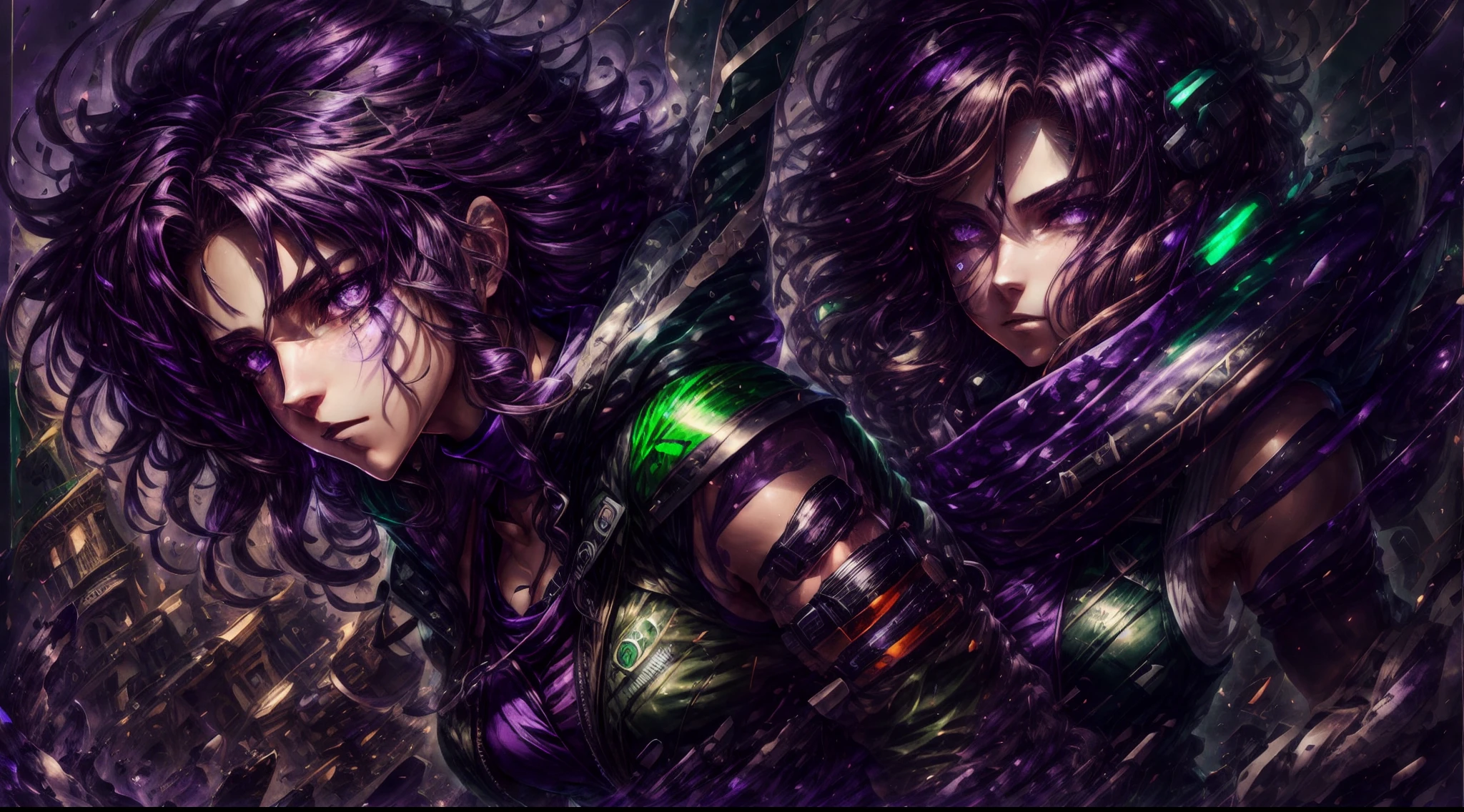 Italian Girl anime version (power to control the wind, purple eyes and light brown medium hair, green and black sleeveless clothes and jacket in Italy)