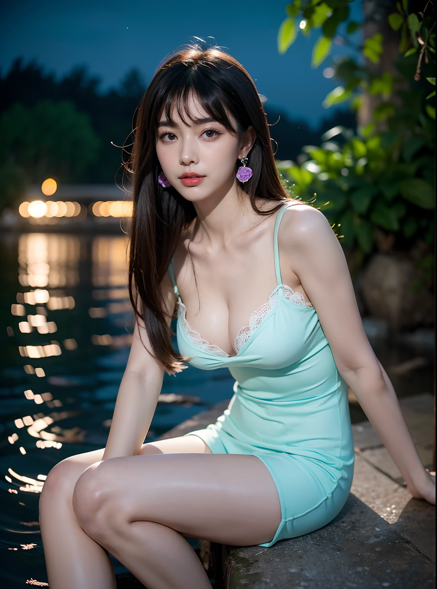 1 Girl, Very bright backlight, Solo, {beautiful-detailed eyes}, summer night, large full breasts, Brilliant moonlight, calm expression, Natural light and soft light, Hair fluttering in the breeze, delicate facial features, Blunt bangs, beautiful Korean girl, Eye Smile, Very small earrings, Sexy tight dresses, 20 yo, ((model poses)), Glamour body type, Fantastic night forest, (colorful hair, Half blue and half brunette:1.2), Water, liquid, natta, colourfull, watercolor, It blooms with blue and yellow flowers, (Red and purple theme), film grain,