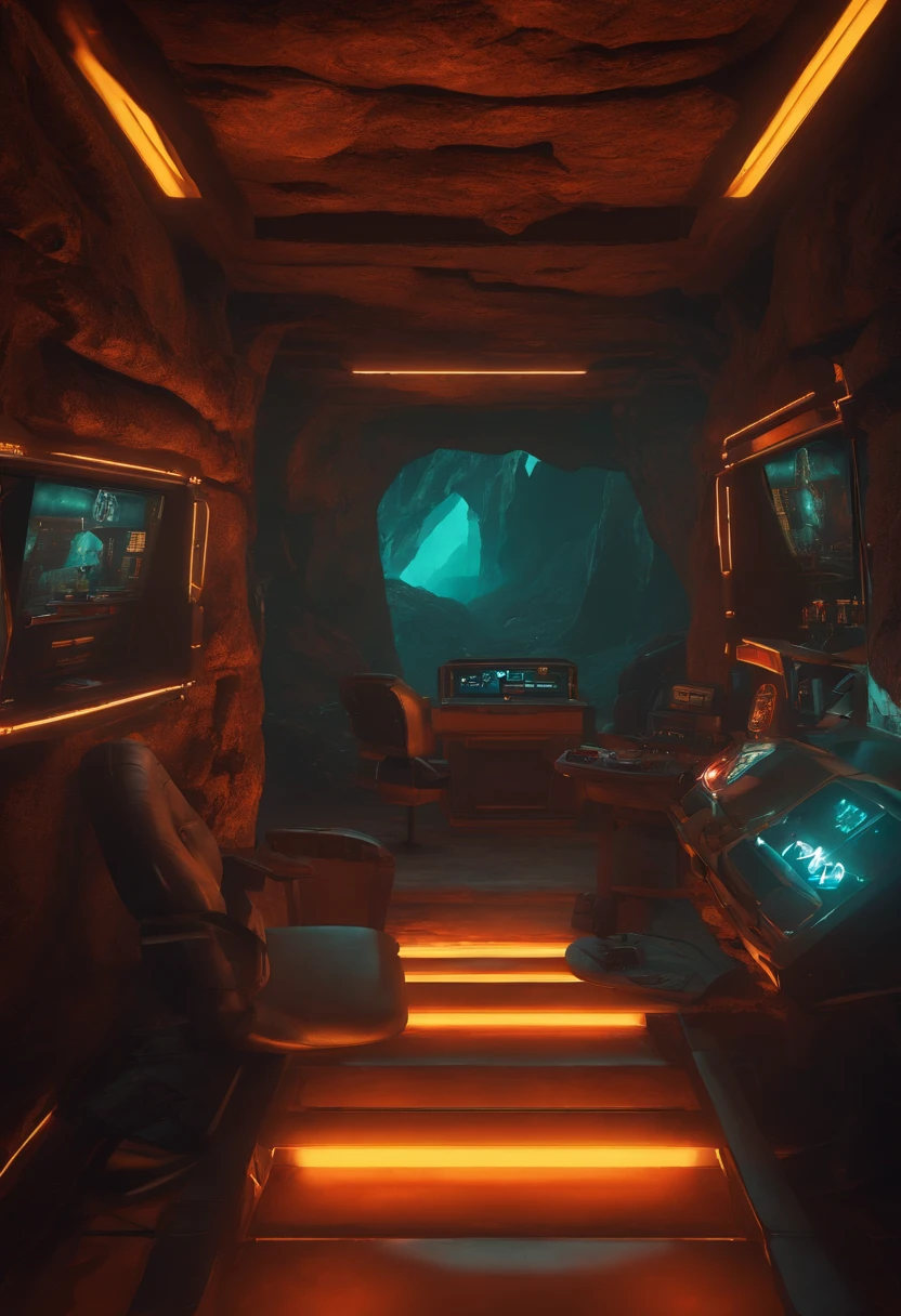 Cave cave interior scene, horizontal scene, game sideboard scene, retro cyberpunk style, steam age, parallel perspective, cyberpunk, lava cave scene, heads-up, retro