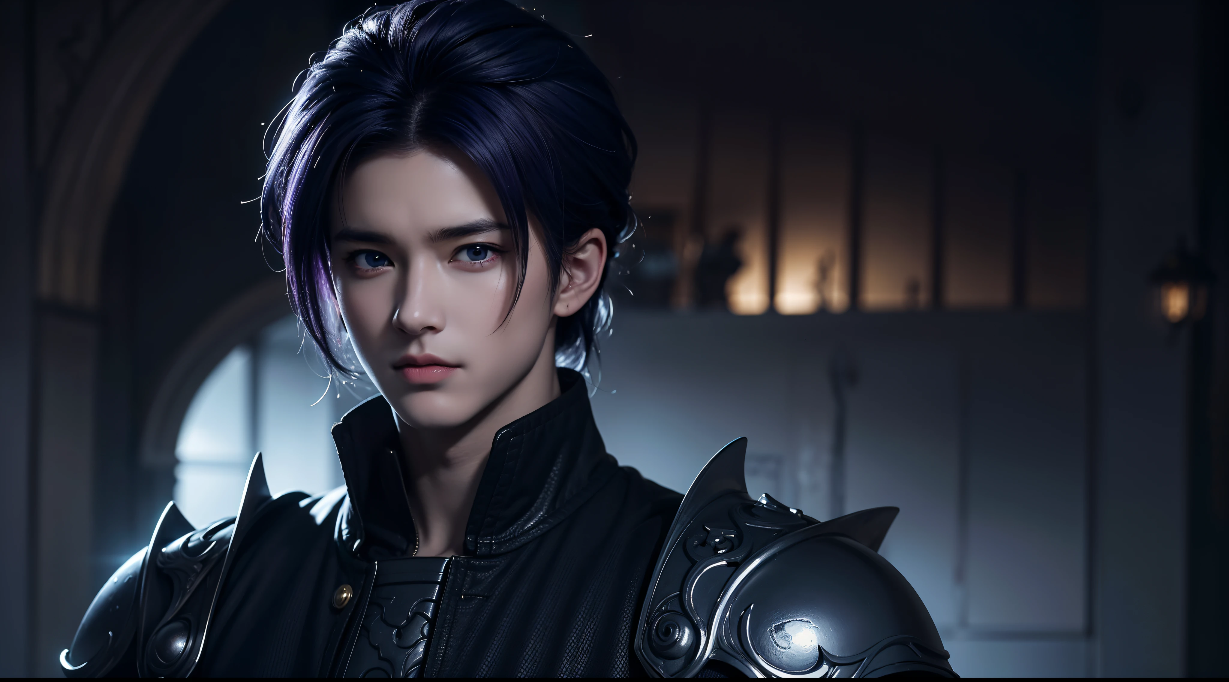 An 8k masterpiece, Highest resolution, Every detail, Meticulous details, Depth of field, bright colors, Nice layout: anime character Gohan impresses with his blue-purple hair and eyes that brightly illuminate every detail, standing on a dark and ominous background. This handsome demon slayer is the epitome of the bad guys in the fantasy art world.