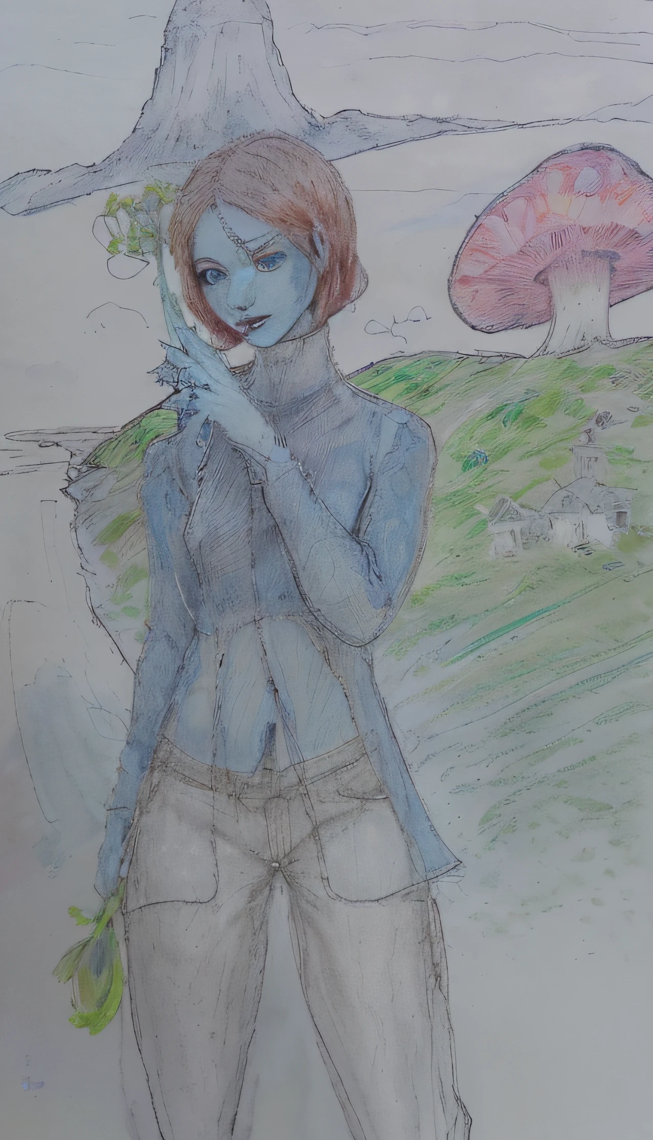 Beautiful alien race woman with blue skin and red hair, tiene un lunar en la comisura izquierda, viste con una chaqueta de cuero azul oscuro y la mitad de la chaqueta es transparente, pantalones marrones, Holds a magic flower in each hand, Near a waterfall with a silver lake in the distance and sits in a meadow with magical flowers and a mushroom-roofed house, a volcano in horizont, High Definition Wood Pencil Painting.