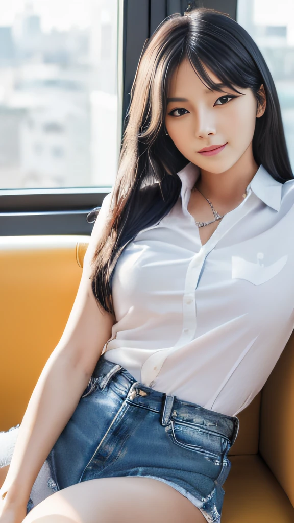 (best qualtiy，8K，tmasterpiece:1.3)，(sharp fokus:1.2)，Jet-black hair，ssmile，(A girl sits on a sofa:1.2)，(denim short:1.2)，(perfect body figure:1.4)，(white  shirt:1.2)，office room，rays of sunshine，Fine face，beautidful eyes，Straight legs
