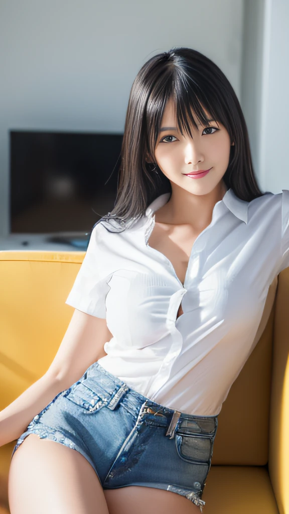 (best qualtiy,8K,tmasterpiece:1.3),(sharp fokus:1.2),Jet-black hair,ssmile,(A girl sits on a sofa:1.2),(denim short:1.2),(perfect body figure:1.4),(white shirt:1.2),office room,rays of sunshine,Fine face,beautidful eyes,Straight legs