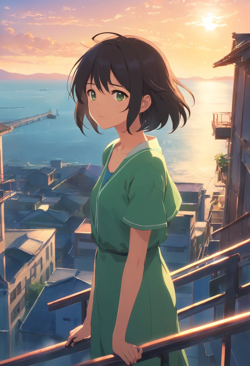 tmasterpiece,best qualtiy,cinematic Film still from,1girl,Black hair,Girl with black eyes,Green dress,Background sky,closeup cleavage,brightly,Roof side,baiyun,Warm and soft sunshine,sunraise