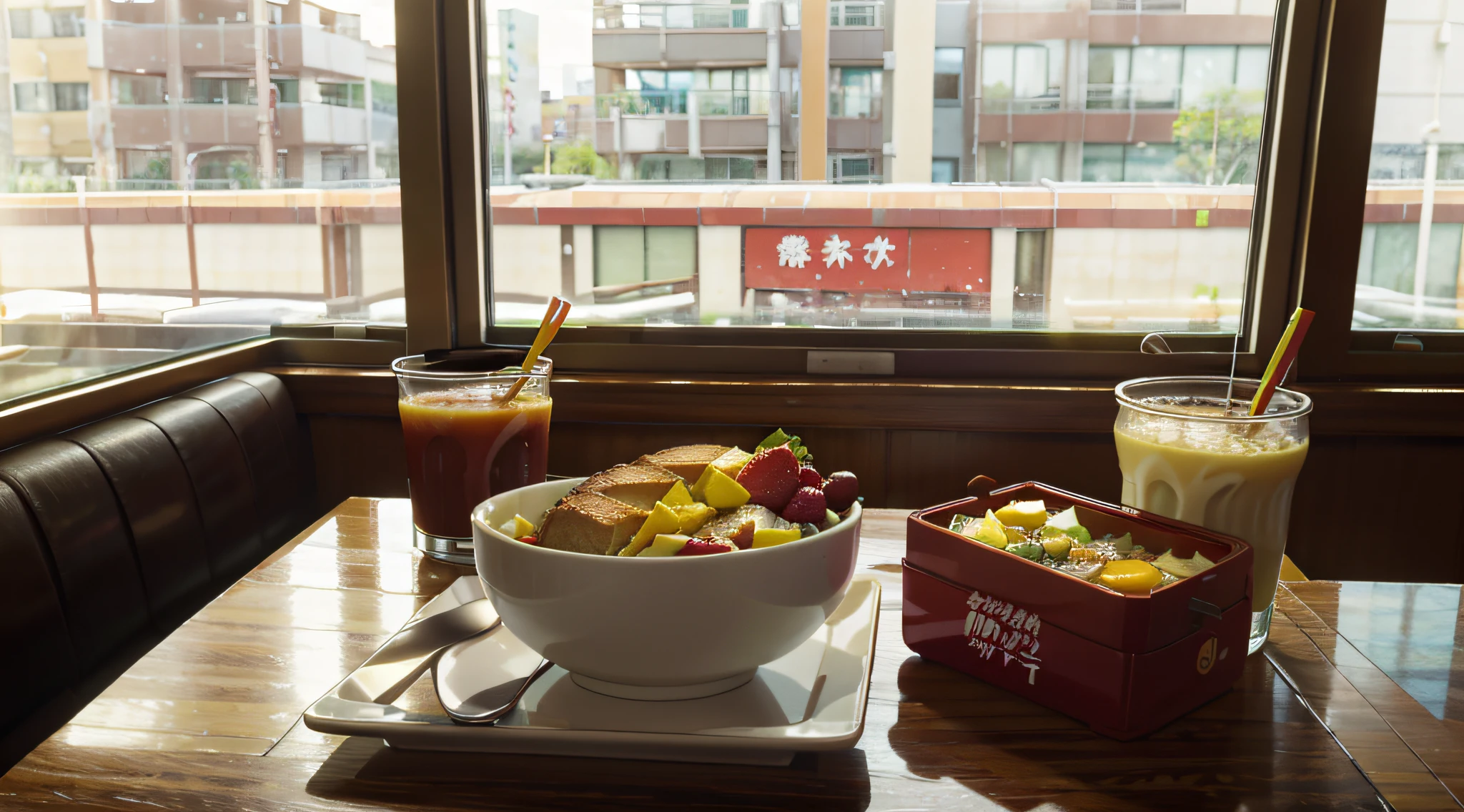 photo of a breakfast meal, food, delicious, inspired by Makoto Shinkai, Makoto Shinkai's style, anime, food, colorfull, fruits, juice, bread, view of the window, background, anime background, Shokugeki no Soma, anime Food