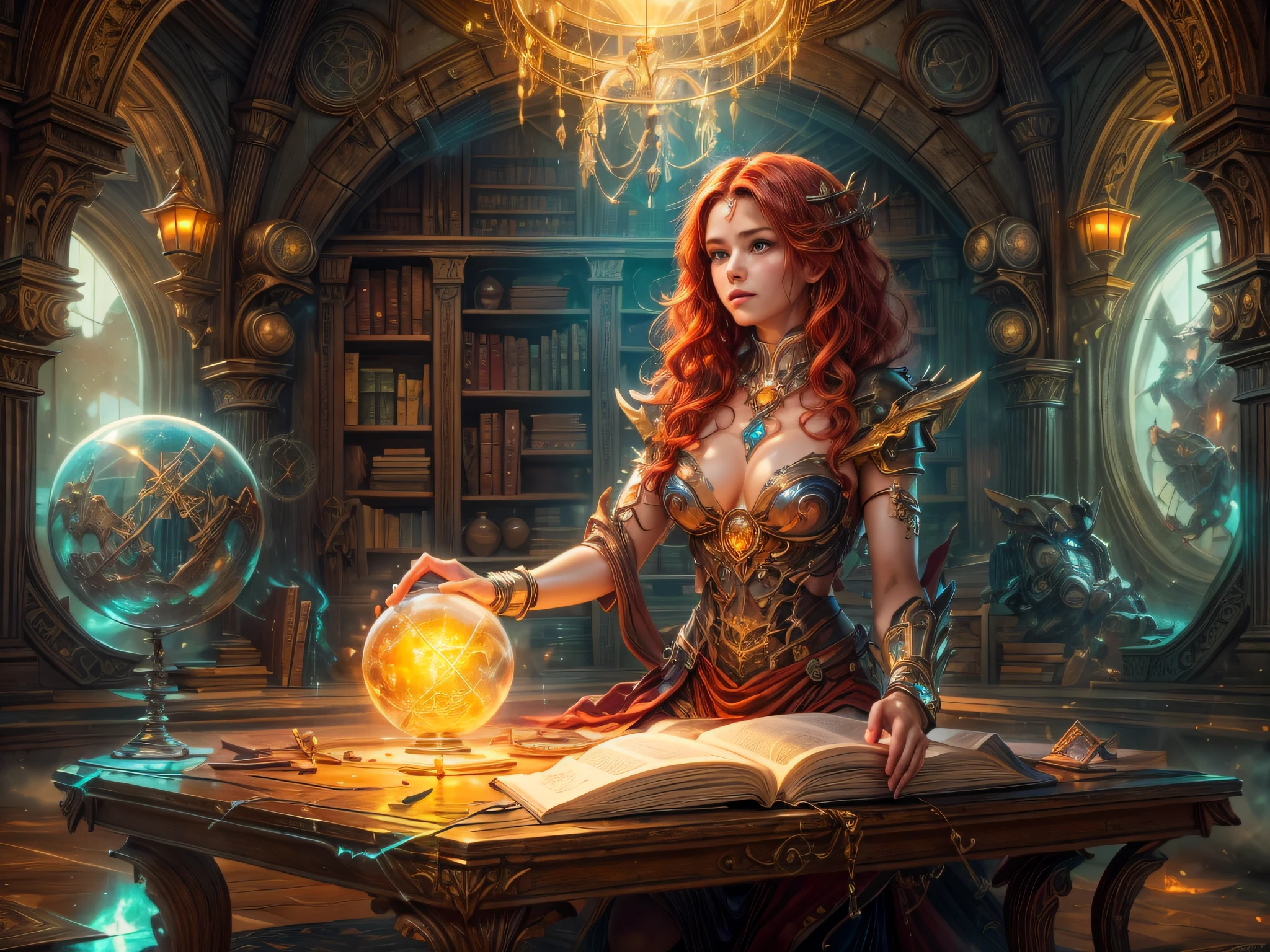 arafed, high details, best quality, 16k, [best detailed], masterpiece, best quality, (extremely detailed), a view from the rear (best details, Masterpiece, best quality), photorealistic, fantasy art, RPG art, a picture of a human mecha woman sorceress sittings in her magical lab, divining distant places in her crystal ball, epic beautiful human woman (best details, Masterpiece, best quality), ultra detailed face (best details, Masterpiece, best quality), red hair, short hair, red eyes, dynamic dress (best details, Masterpiece, best quality), magical library, with many books, and magical runes and wards, glowing arcane sigils GlowingRunes_paleblue, crystal ball (best details, Masterpiece, best quality) on table, runes on crystal balls GlowingRunes_yellow, fantasy magical library background (best details, Masterpiece, best quality), Ultra-Wide Angle, high detail, award winning, best quality, HD, 16K, 3D rendering, high details, best quality, highres, ultra wide angle, 3D rendering, [[anatomically correct]]