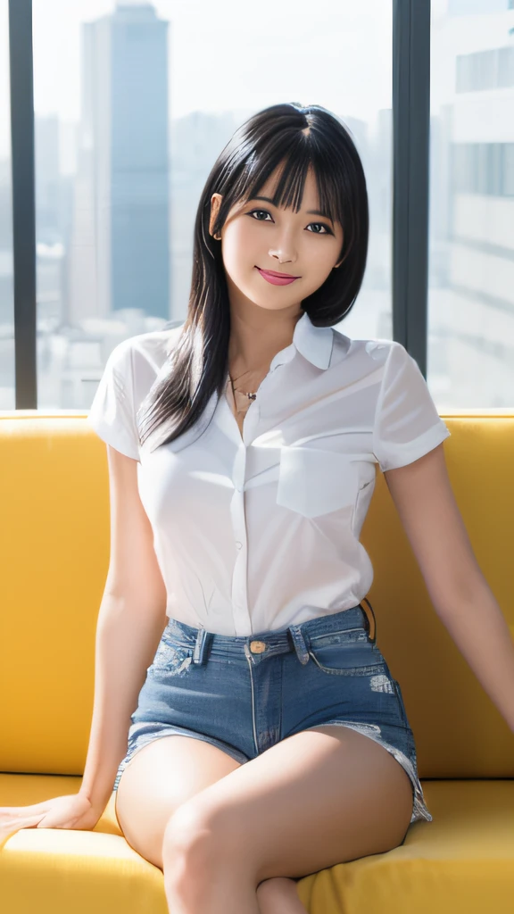 (best qualtiy,8K,tmasterpiece:1.3),(sharp fokus:1.2),Jet-black hair,ssmile,(A girl sits on a sofa:1.2),(denim short:1.2),(perfect body figure:1.4),(white shirt:1.2),office room,rays of sunshine,Fine face,beautidful eyes,Straight legs