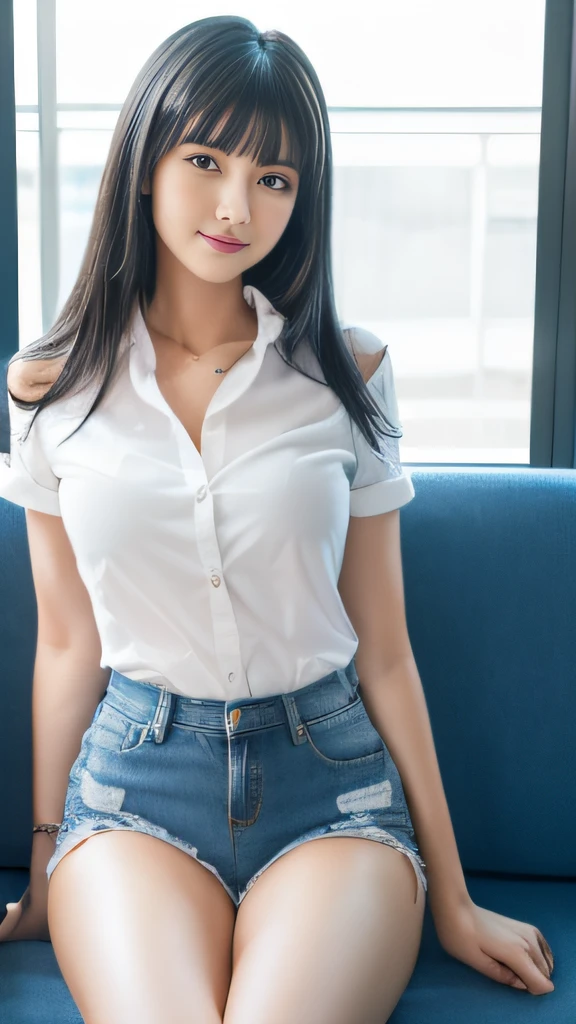 (best qualtiy，8K，tmasterpiece:1.3)，(sharp fokus:1.2)，Jet-black hair，ssmile，(A girl sits on a sofa:1.2)，(denim short:1.2)，(perfect body figure:1.4)，(white  shirt:1.2)，office room，rays of sunshine，Fine face，beautidful eyes，Straight legs