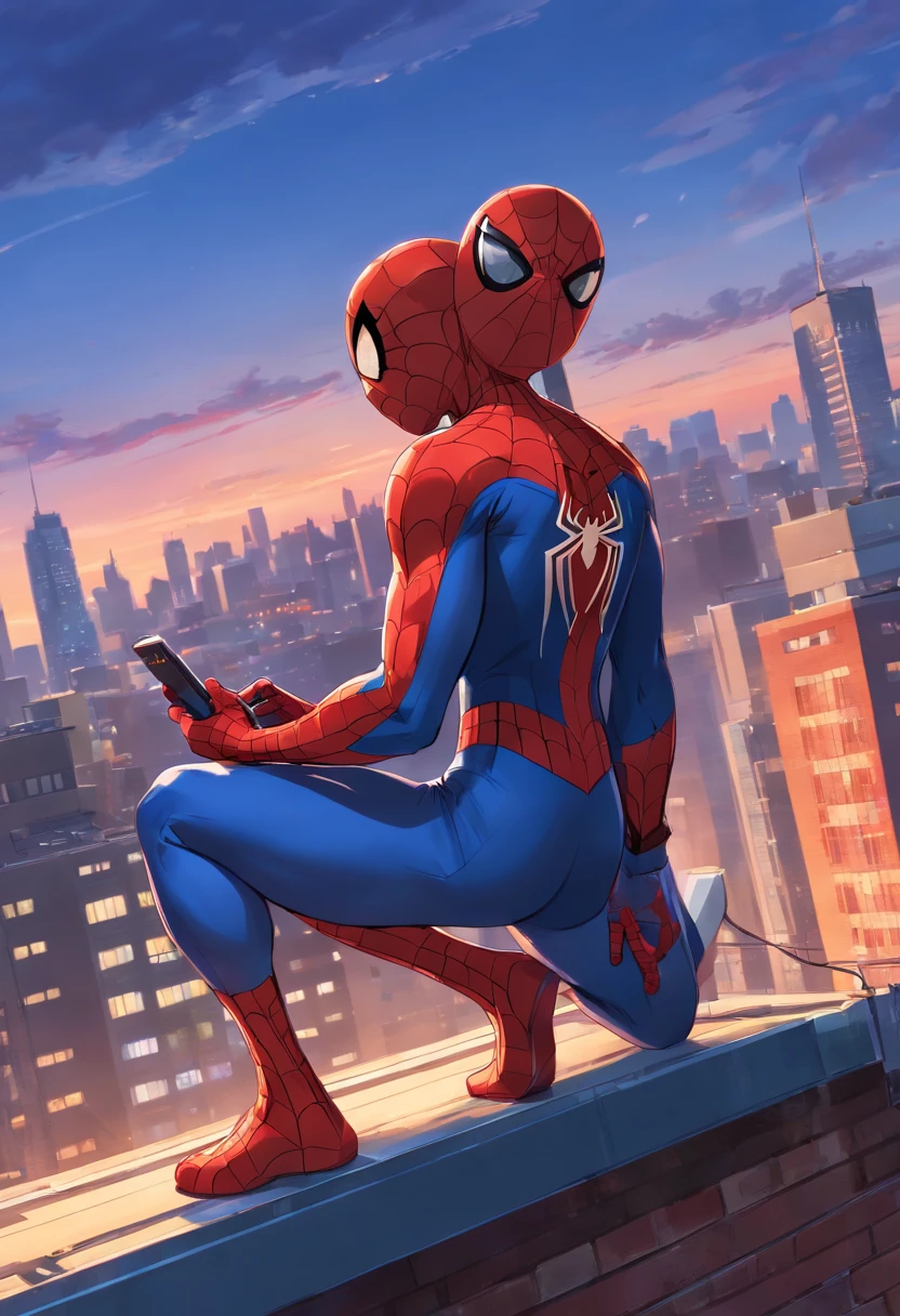 Spider - man in suit on his phone on roof against city background, Pedro Parker, spider-man, Spider - Man, portrait of spiderman, HQ 4K Wallpapers, highly detailed spider - man, Peter Parker as Spider-Man, Futuristic Spider-Man style, 8k render", medium close - up ( mcu ), spider-man, Art Station 4K Trends, cg art