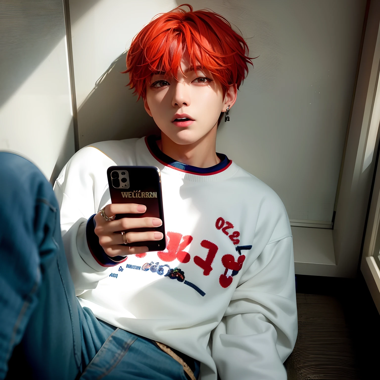 There's a red-haired man sitting on a windowsill holding a cell phone, Taehyung comendo batatas fritas Gucci, Kim Doyoung, Ulzzang macho, Hyung Tae, Jungkook, Retrato de Jossi de Blackpink, Cai Xukun, Jinyoung Canela, TaeJune Kim, com cabelos ruivos, Bts, portrait of kpop idol, Hong June Hyung, fotos oficiais