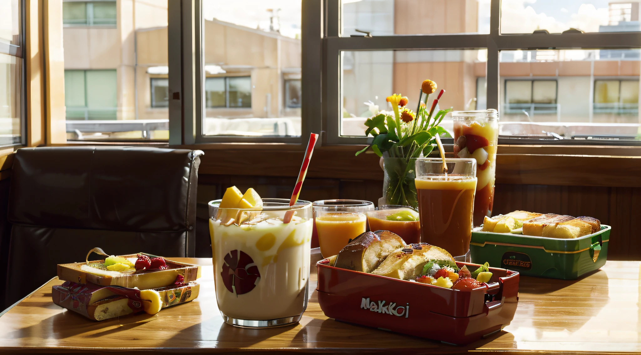 photo of a breakfast meal, food, delicious, inspired by Makoto Shinkai, Makoto Shinkai's style, anime, food, colorfull, fruits, juice, bread, view of the window, background, anime background, Shokugeki no Soma, anime Food