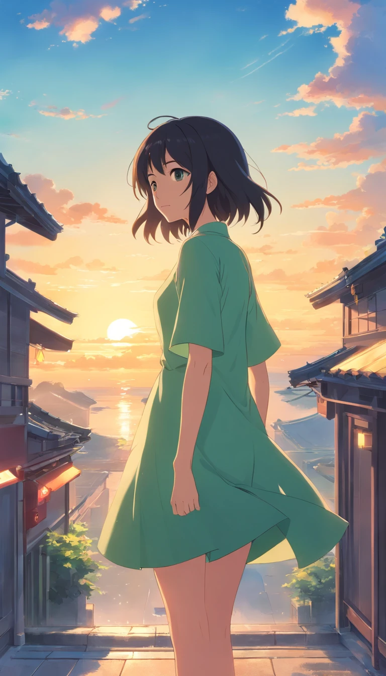 tmasterpiece，best qualtiy，cinematic Film still from，1girll，Long black hair，Girl with black eyes，Green dress，（Background Sky 1.5），closeup cleavage，brightly，Roof side，baiyun，Warm and soft sunshine，sunraise