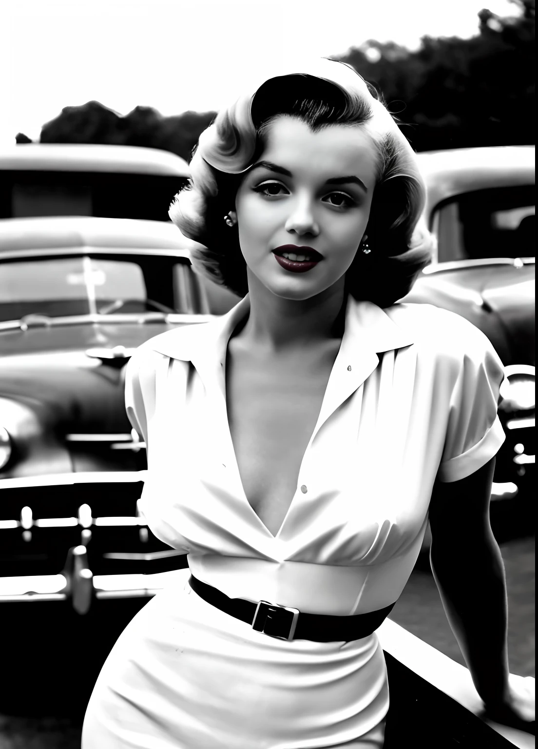 POV, vintage photo of Marilyn Monroe posing for a photo shoot on a New York street, very diffuse light, skin moles, sensual, appearing part of breasts, wearing a sensual satin lime color dress from 1950, breasts shows, green_eyes, red lips. Retro scenery in the background, 1950s cars, greyscale, 1950s (highly detailed skin:1.2), 16k, High details. ultra high res.photorealistic:.1.4,UHD, DSLR, soft lighting, high quality, grain film, FujifilmXT3