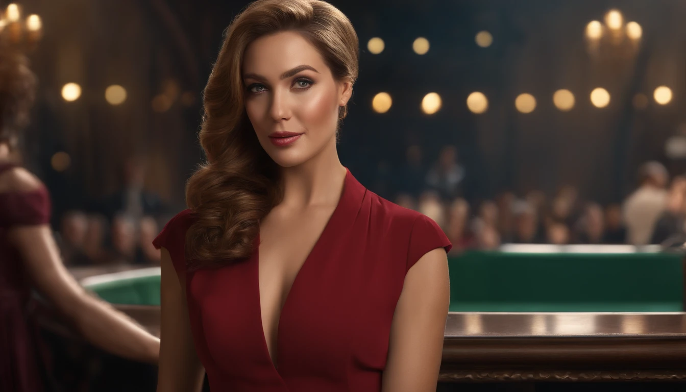 (best quality,4k,8k,highres,masterpiece:1.2),ultra-detailed,(realistic,photorealistic,photo-realistic:1.37),HDR,UHD,studio lighting,extreme detail description,professional,vivid colors,portraits
A handsome woman, short light brown short hair, wearing a decent light colored suit, standing on stage. In the background, there is a crowd and panoramic view of a bustling cityscape. The woman's face is invisible. The woman's back is visible. The woman is speaking to the crowd. The woman holds a confident pose with arms open. The lighting is cinematic, creating a dramatic atmosphere. The surrealism element adds a touch of mystery to the scene. The artwork is created using various mediums, such as oil painting and 3D rendering. The image is of the highest quality, with ultra-fine painting details and vivid colors. The overall style of the artwork is realistic and photorealistic, capturing every intricate detail of the woman and her surroundings.
