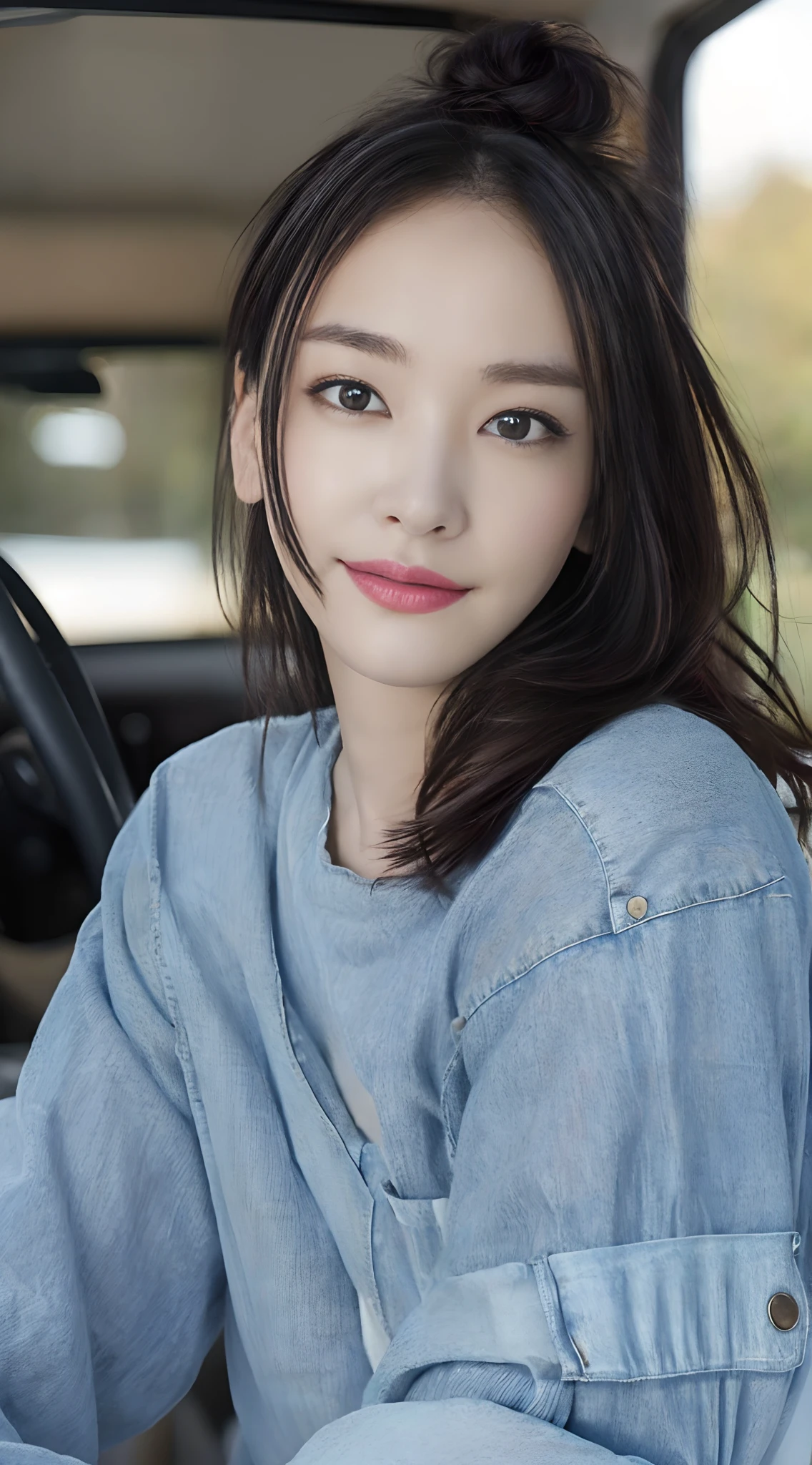((Top Quality, 8k, Masterpiece: 1.3)), A truck driver woman in jean suit, sitting behind steering wheel of scania truck, Slender Beauties: 1.3, (Random Hairstyles: 1.2), Oversized Nightgown: 1.2, Super Detailed Face, Detailed Eyes, Double Eyelids, Small, Gentle Smile,