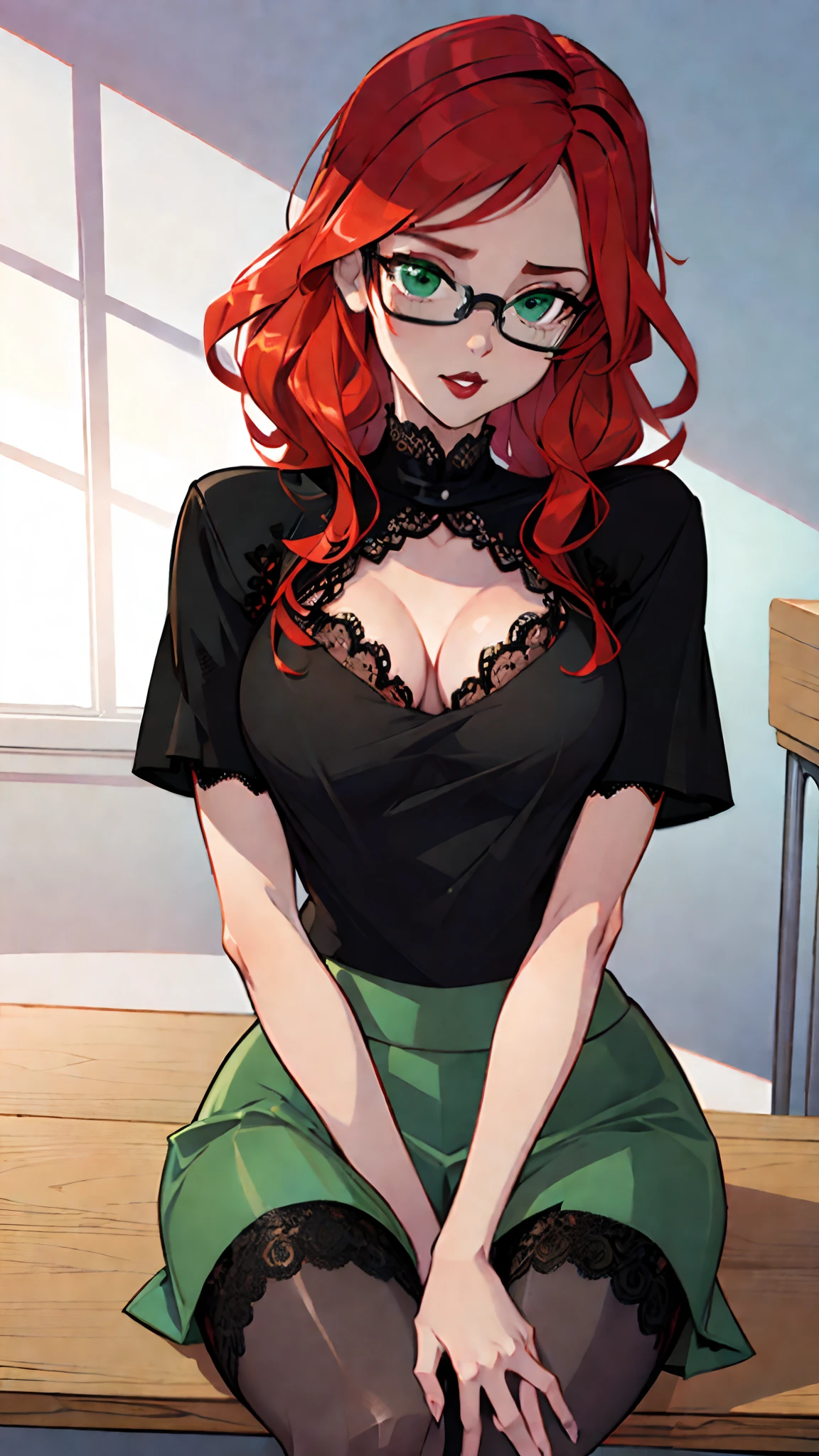 russian school teacher, russian beauty:0.8, adult 40 years old, (teacher uniform), (green trendy skirt:1.5), (black lace top:1.7), (black pantyhose 40 den), (accessories, glasses), (red hair), (curly hair:0.8), (burgundy lipstick), (small breasts:0.2), chubby:0.4, beautiful face, (seductively sits by the table, only tease), (best quality, ultra detailed, illustration), (highly textured:1.2)