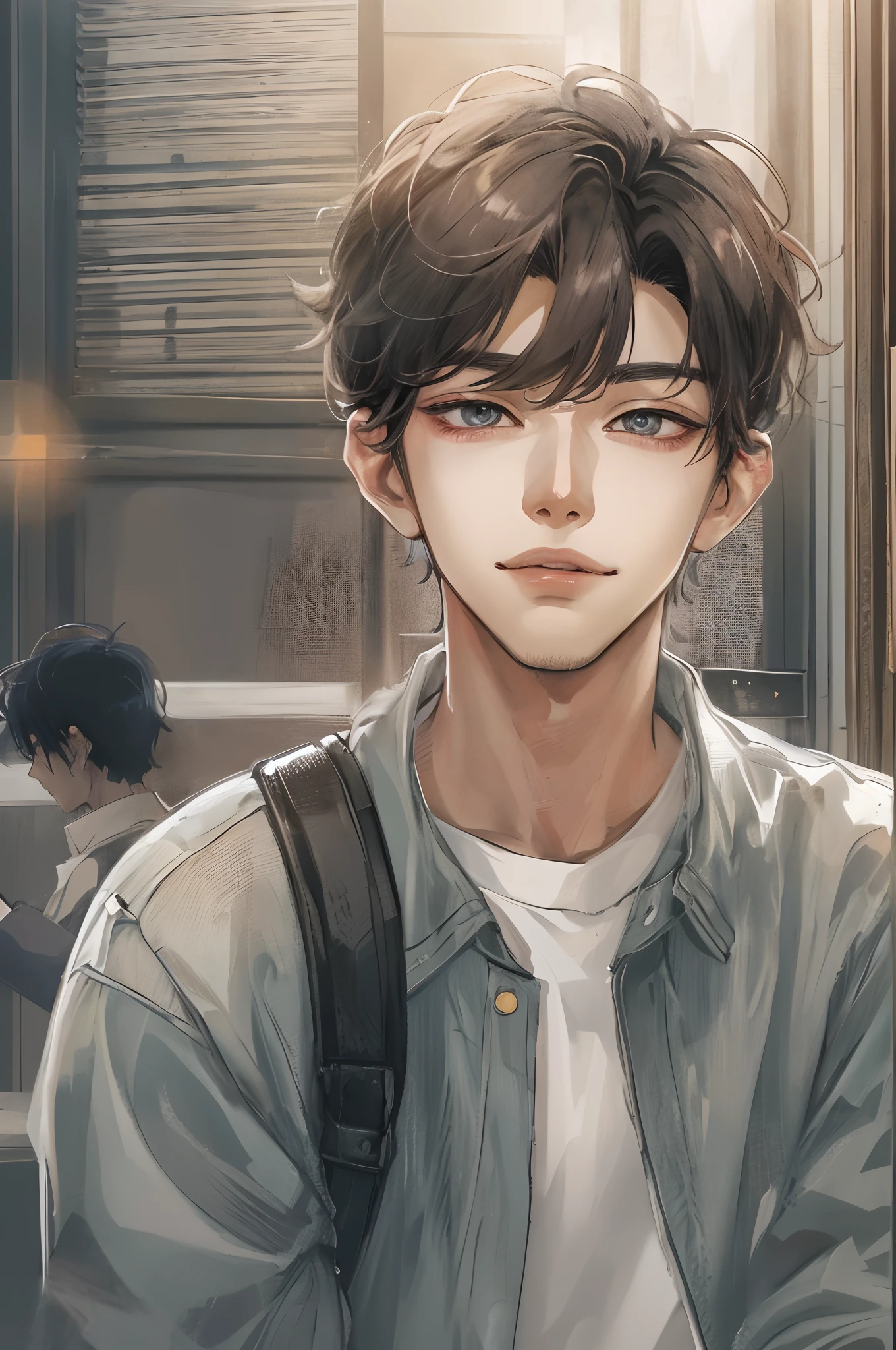 Absurdres masterpiece HDR high quality Picture a young handsome Korean boy from webtoon with warm and friendly features wearing a simple and comfortable casual outfit. He sports a clean, fresh haircut that accentuates his natural good looks, and a smirking face and anime eyes
