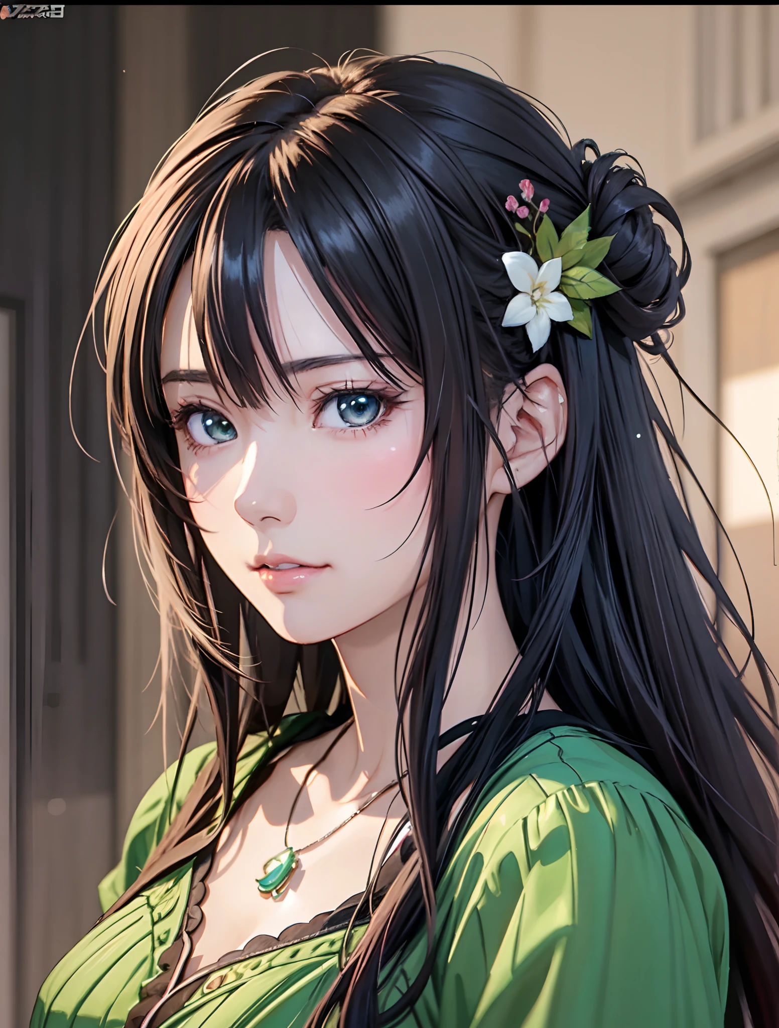 Close up portrait of woman with green dress and necklace, artwork in the style of guweiz, realistic anime 3 d style, Beautiful Anime Portrait, Anime Realism Style, detailed portrait of an anime girl, beautiful character painting, by Yang J, Stunning anime face portrait, realistic anime art style, Portrait of an anime girl, beautiful anime style