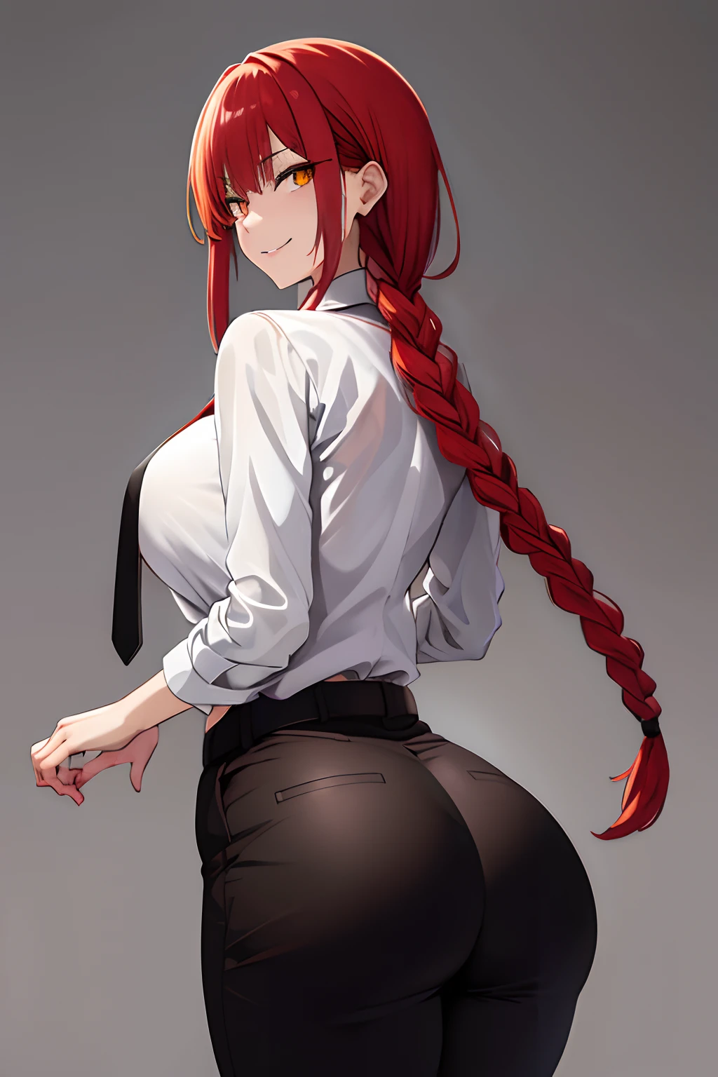 makima \(chainsaw man\), best quality, ultra detailed, 1girl, solo, standing, red hair, long braided hair, golden eyes, bangs, medium breasts, white shirt, necktie, stare, smile, (evil:1.2), looking at viewer, (interview:1.3), (dark background),huge butt,very focus on butt,big butt, accentuated booty, thick thigs,thicc