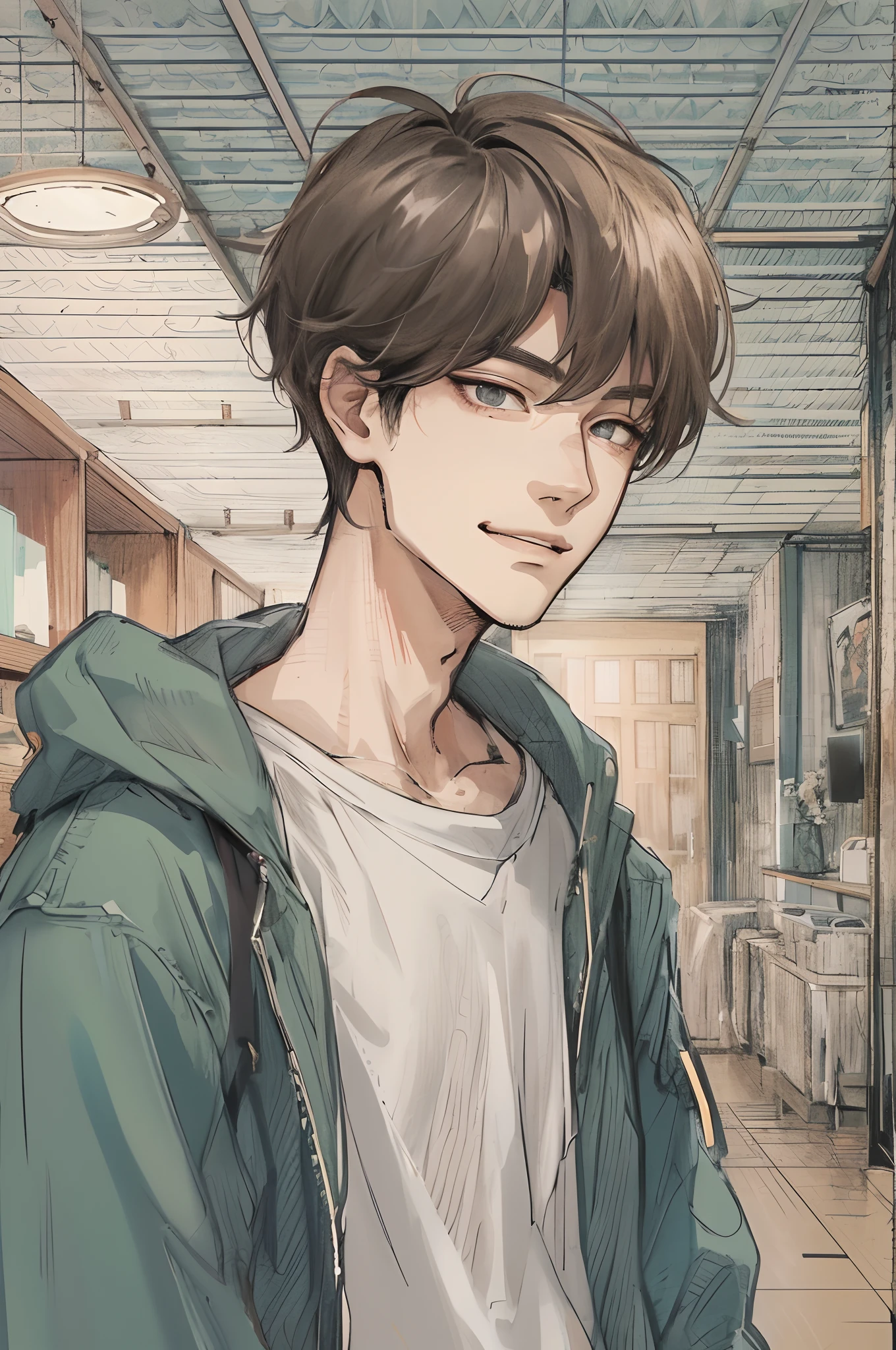 Absurdres masterpiece HDR high quality Picture a young handsome Korean boy from webtoon with warm and friendly features wearing a simple and comfortable casual outfit. He sports a clean, fresh haircut that accentuates his natural good looks, and a smirking face and anime eyes