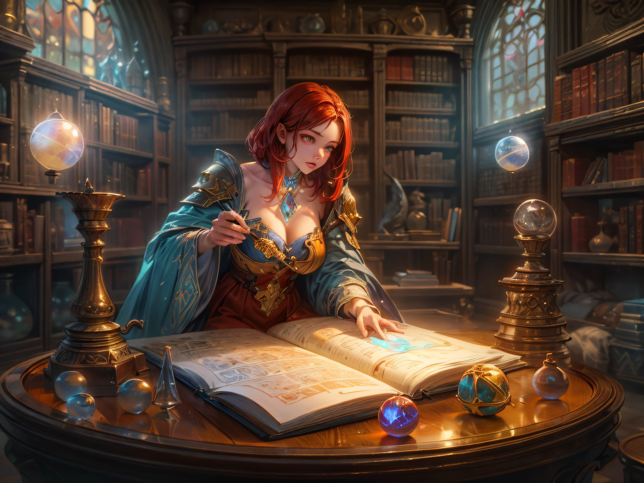 arafed, high details, best quality, 16k, [best detailed], masterpiece, best quality, (extremely detailed), a view from the rear (best details, Masterpiece, best quality), photorealistic, fantasy art, RPG art, a picture of a human mecha woman sorceress sittings in her magical lab, divining distant places in her crystal ball, epic beautiful human woman (best details, Masterpiece, best quality), ultra detailed face (best details, Masterpiece, best quality), red hair, short hair, red eyes, dynamic dress (best details, Masterpiece, best quality), magical library, with many books, and magical runes and wards, glowing arcane sigils GlowingRunes_paleblue, crystal ball (best details, Masterpiece, best quality) on table, runes on crystal balls GlowingRunes_yellow, fantasy magical library background (best details, Masterpiece, best quality), Ultra-Wide Angle, high detail, award winning, best quality, HD, 16K, 3D rendering, high details, best quality, highres, ultra wide angle, 3D rendering, [[anatomically correct]]
