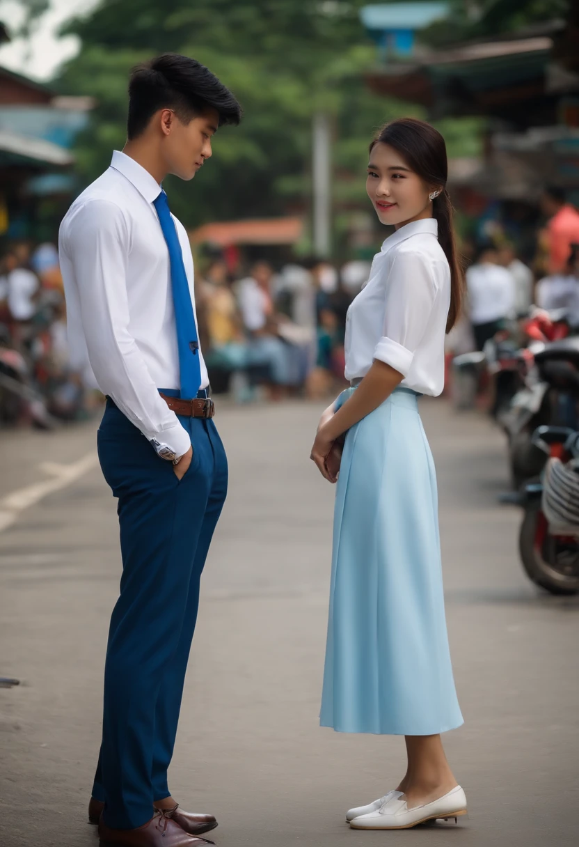 a Thai handsome male student wearing a white long- sleeved shirt, a blue tie, a belt, blue pants, and leather shoes standing opposite side a Thai beautiful female student wearing a white blouse, a blue skirt, and black shoes with a distant background of people walking on a street