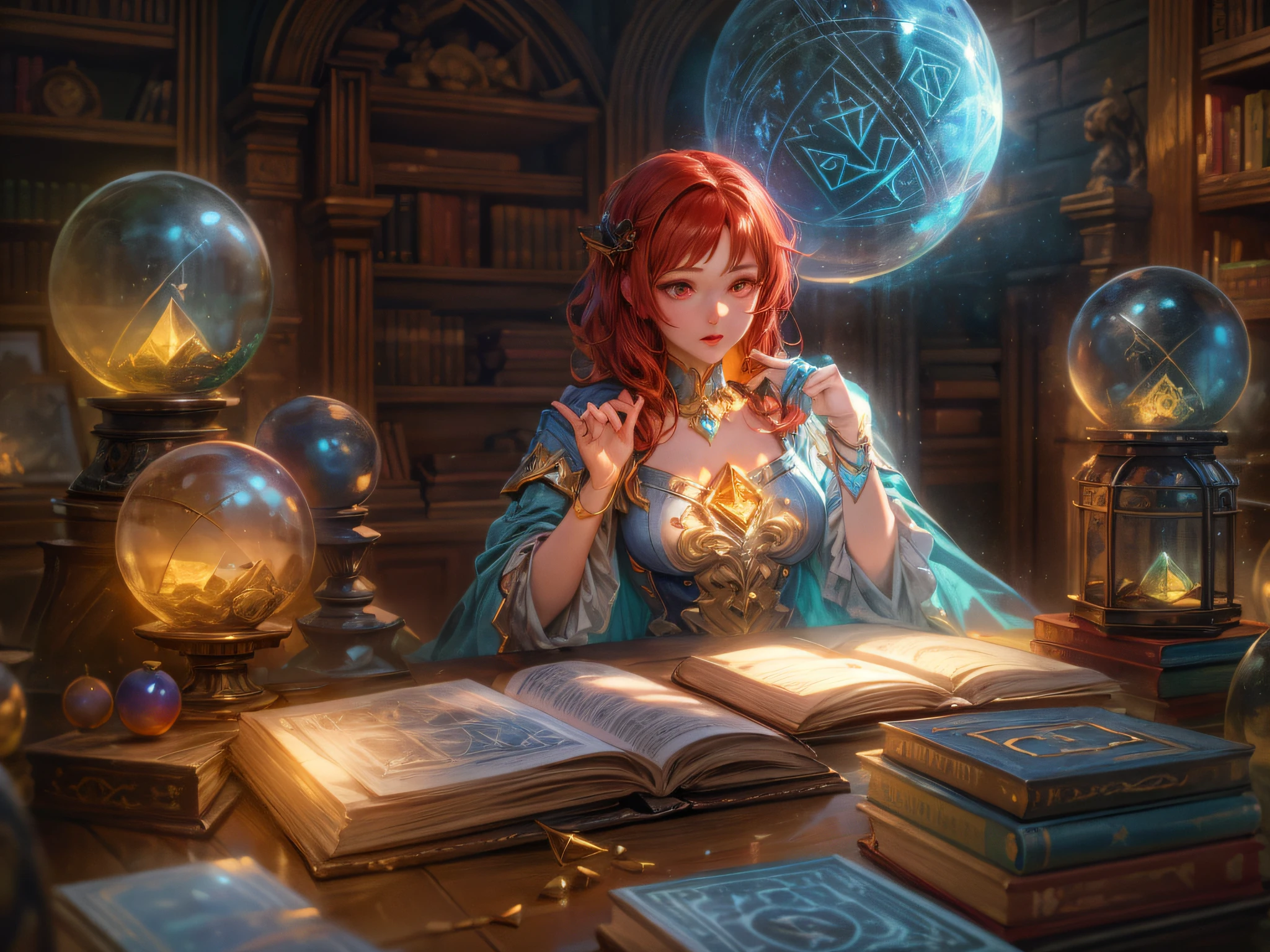 arafed, high details, best quality, 16k, [best detailed], masterpiece, best quality, (extremely detailed), a view from the rear (best details, Masterpiece, best quality), photorealistic, fantasy art, RPG art, a picture of a human mecha woman sorceress sittings in her magical lab, divining distant places in her crystal ball, epic beautiful human woman (best details, Masterpiece, best quality), ultra detailed face (best details, Masterpiece, best quality), red hair, short hair, red eyes, dynamic dress (best details, Masterpiece, best quality), magical library, with many books, and magical runes and wards, glowing arcane sigils GlowingRunes_paleblue, crystal ball (best details, Masterpiece, best quality) on table, runes on crystal balls GlowingRunes_yellow, fantasy magical library background (best details, Masterpiece, best quality), Ultra-Wide Angle, high detail, award winning, best quality, HD, 16K, 3D rendering, high details, best quality, highres, ultra wide angle, 3D rendering, [[anatomically correct]]