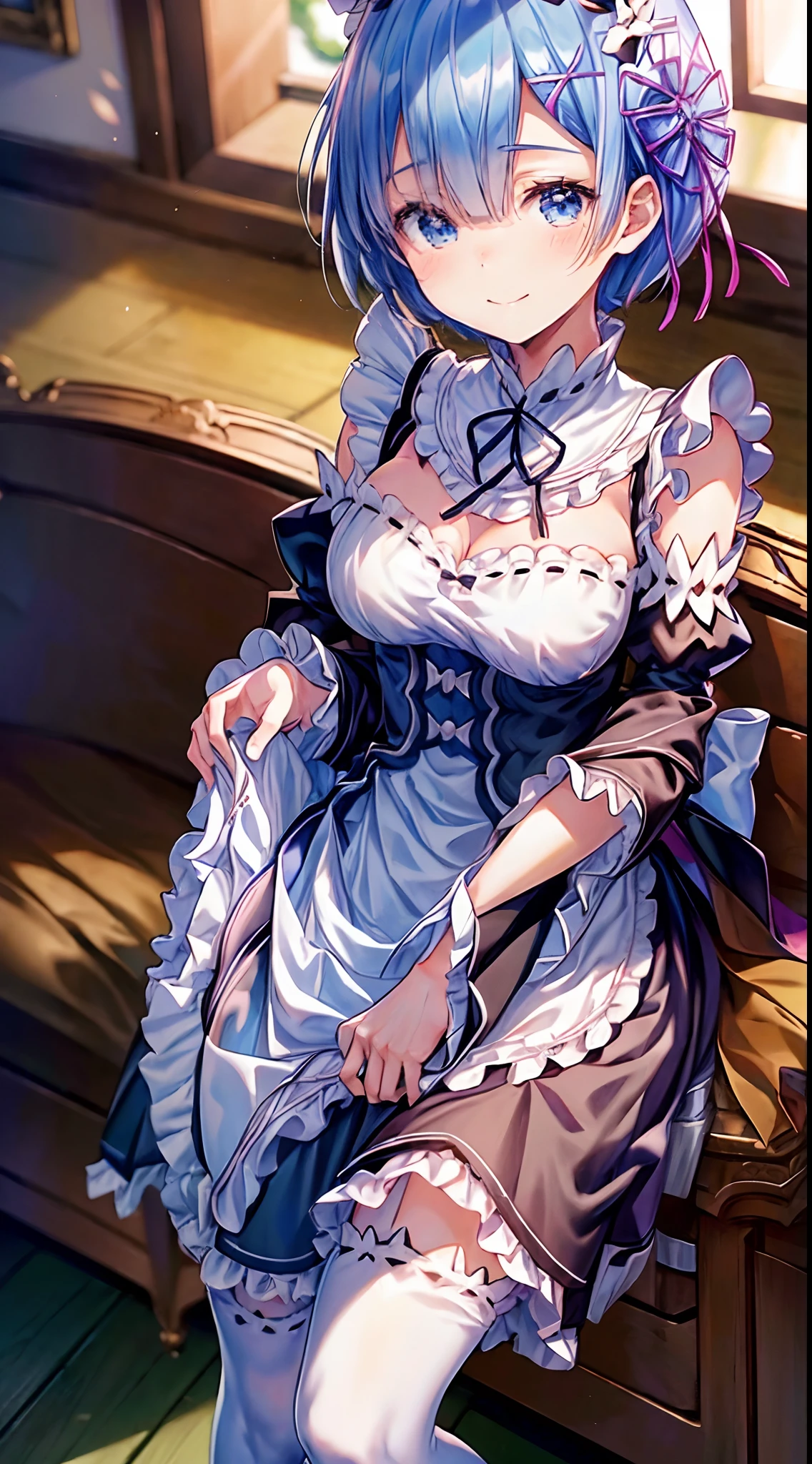 blue hair, short hair, eye covering), (re:zero\), (smile, blush, contempt), (castle), (masterpiece, accurate, best quality, best quality, high resolution, textured skin,)( anime shoujo, beautiful anime high school girl) (skirt, medium breasts, thin legs, white knee-length socks), ((maid outfit)), dignified, anime! 4 K, anime! 4k, **** in dress, high-detail official artwork