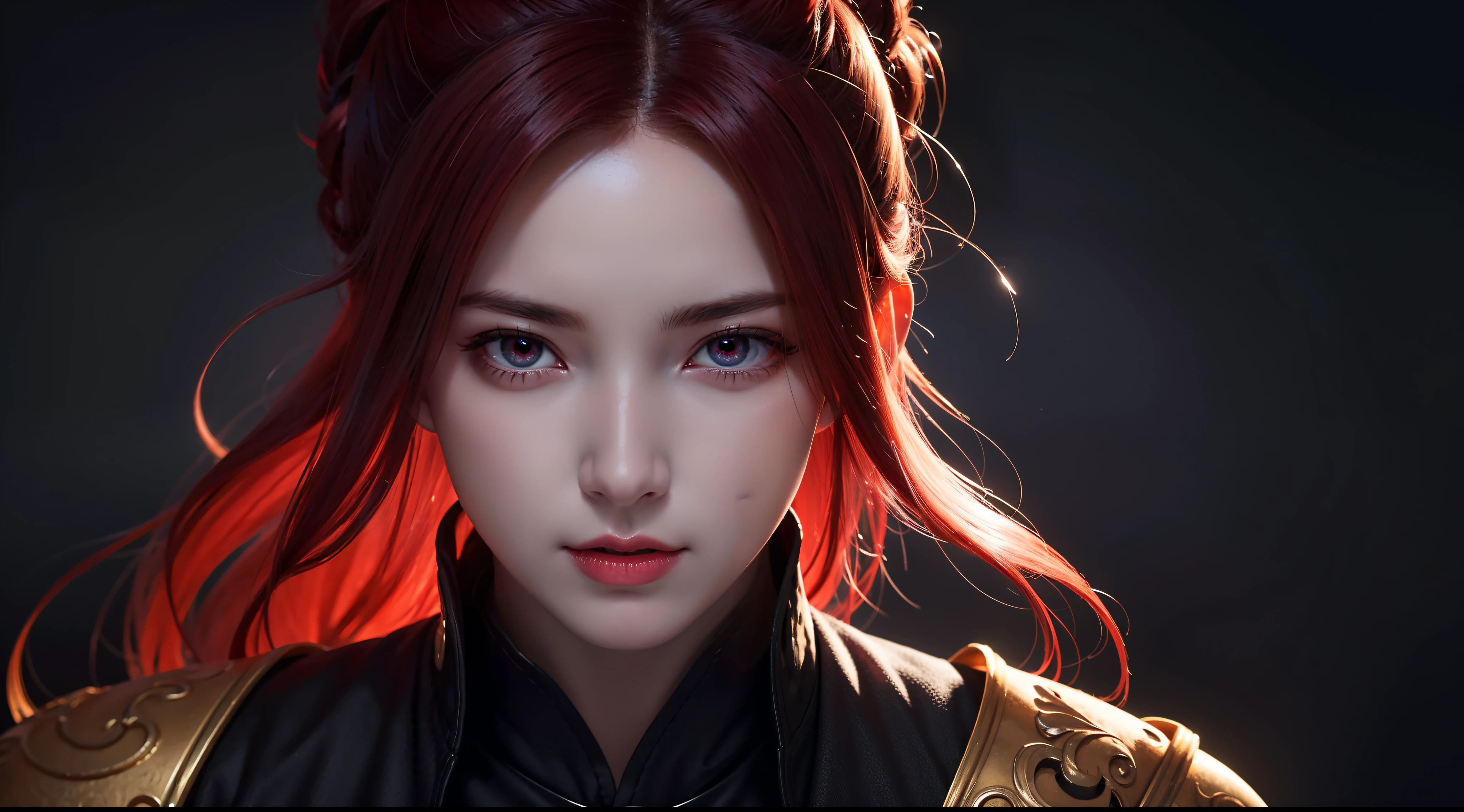 An 8k masterpiece, Highest resolution, Every detail, Meticulous details, Depth of field, bright colors, Nice layout: takes on a gorgeous Gohan anime character with brilliant red hair and beautifully detailed glowing eyes, standing on a dark and ominous background. This handsome demon slayer is the epitome of the bad guys in the fantasy art world.